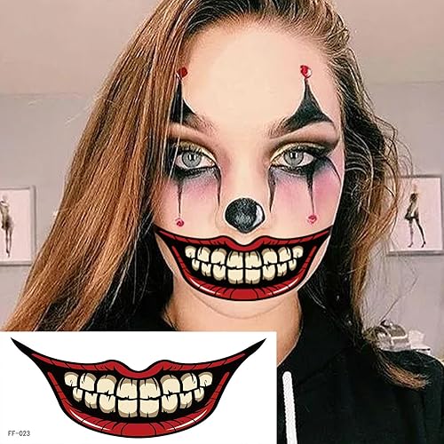 Miniatura 2 de Calcomanías temporales de tatuajes para Halloween, 10 hojas de tatuajes de cara de Halloween, boca de broma, tatuajes de maquillaje, calcomanías de