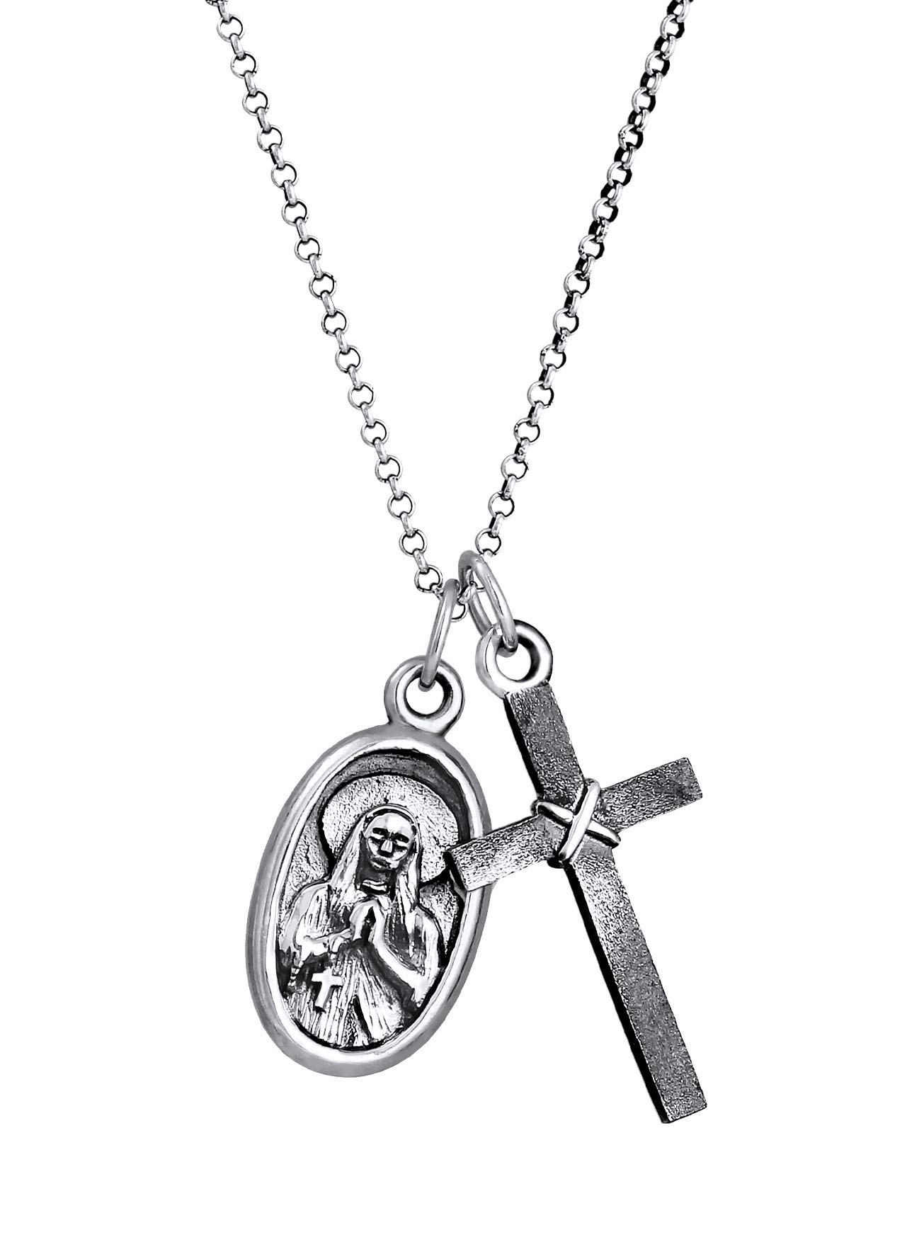 Kuzzoi Herren Silber-Halskette mit Marienbild und Kreuz Anhänger, Symbol Kette für den Mann in 925 Sterling Silber, Herrenkette mit Maria-Anhänger und Anhänger, handgearbeitet