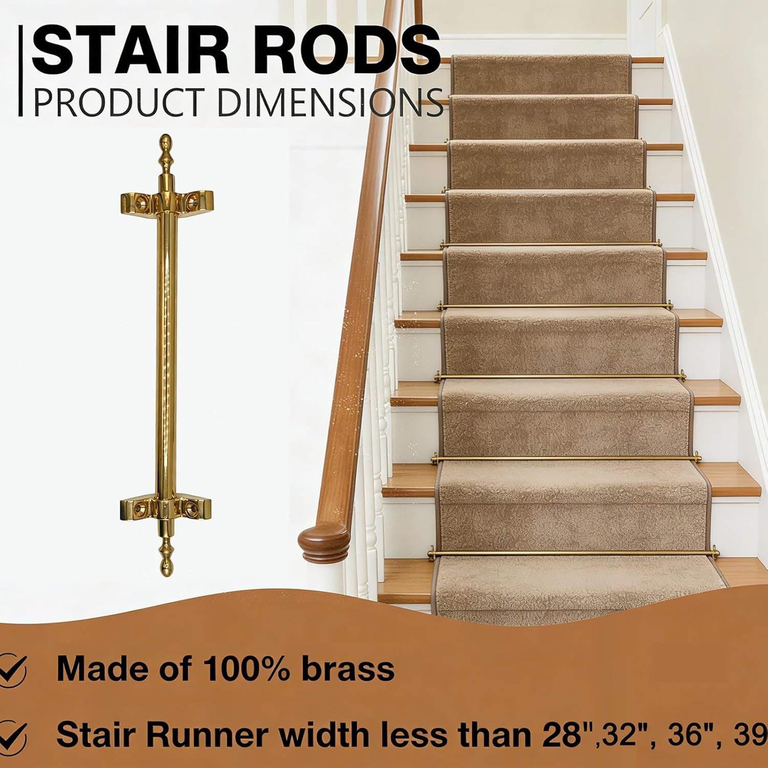 Solid Brass Stair Carpet Rods - Gold Finish Decorative Stair Runner Rods for Stairway Carpet, Easy to Install Stair Rods with Finials(10pcs,32in)