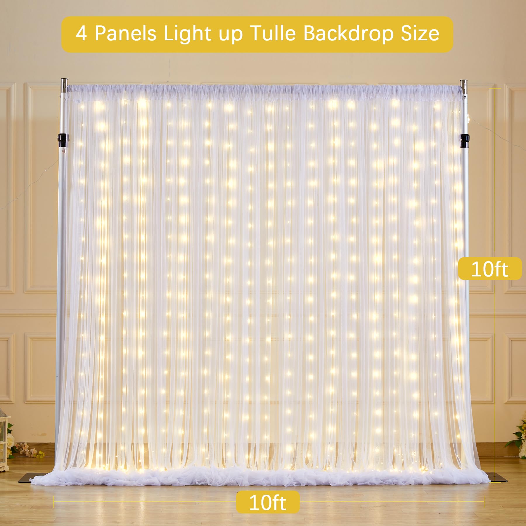 12,2 x 3 m weißer Tüll-Hintergrundvorhang mit Lichterschnur für Hochzeit, Brautparty, Dekorationen – faltenfreie, durchsichtige Vorhänge für Party, Babyparty, Fotohintergrund