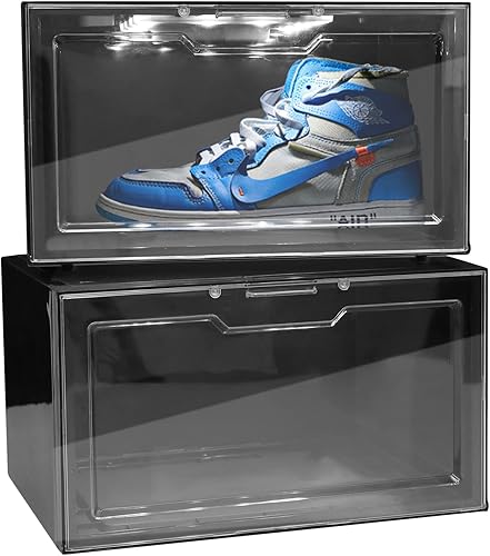 Boshen 1 paquete de vitrinas LED para zapatos con control de voz apilable extra grande caja de almacenamiento magnética para zapatos con caída