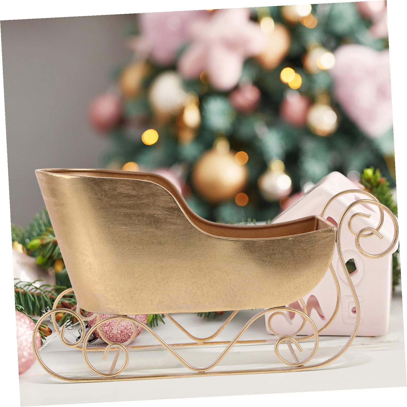 Decoración Navideña de Trineo Dorado en Hierro, Adorno Clásico para Árbol de Navidad y Fiestas Temáticas, Accesorio Decorativo y Foto Prop Elegante