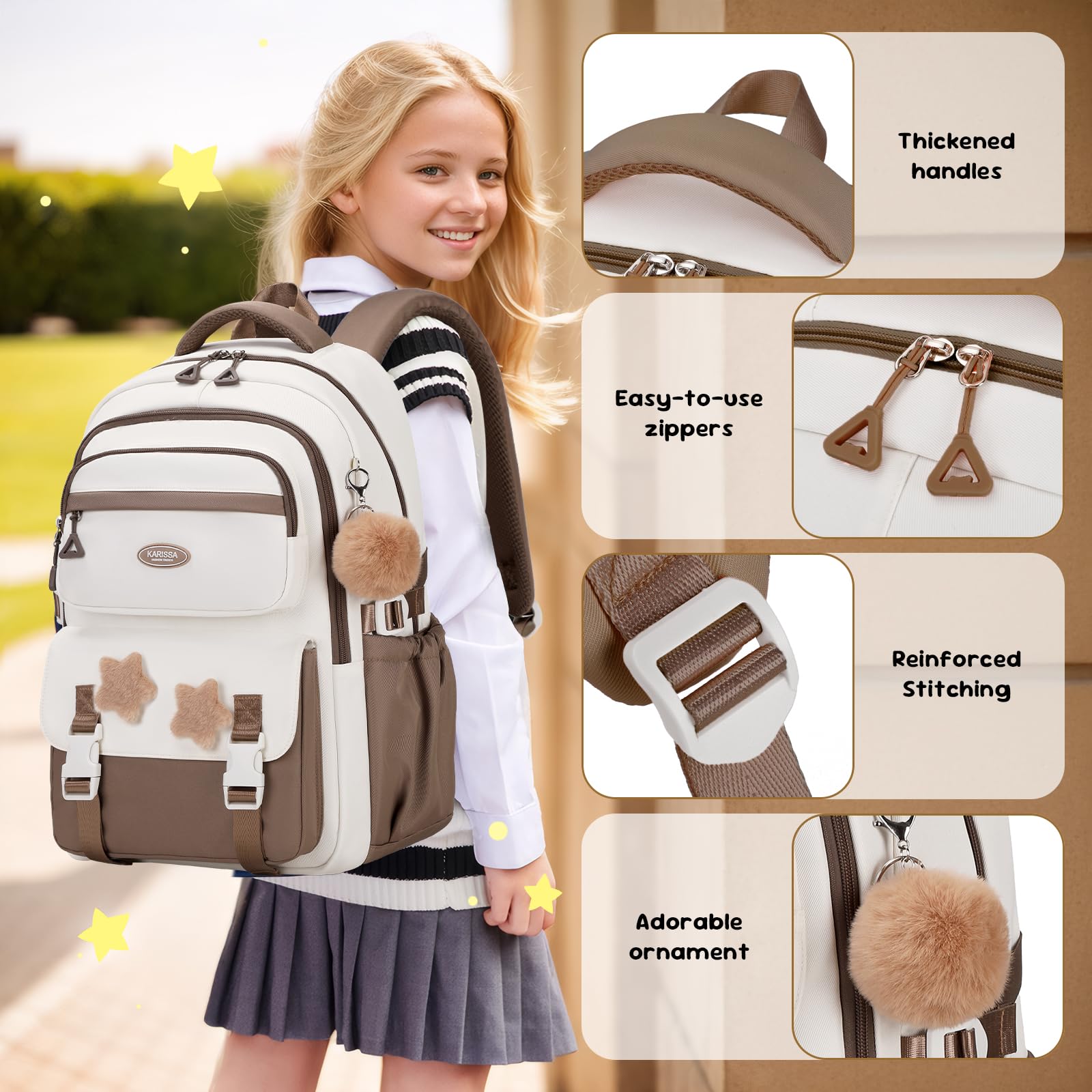 Amythe Schulrucksack Mädchen, Leichter Schulranzen 3.-5. Klasse, Braun | Großer Kinderrucksack mit Pom-Pom-Anhänger und Sternenabzeichen, Lässiger Rucksack für Teenager mit Trolleyband, Schulstart