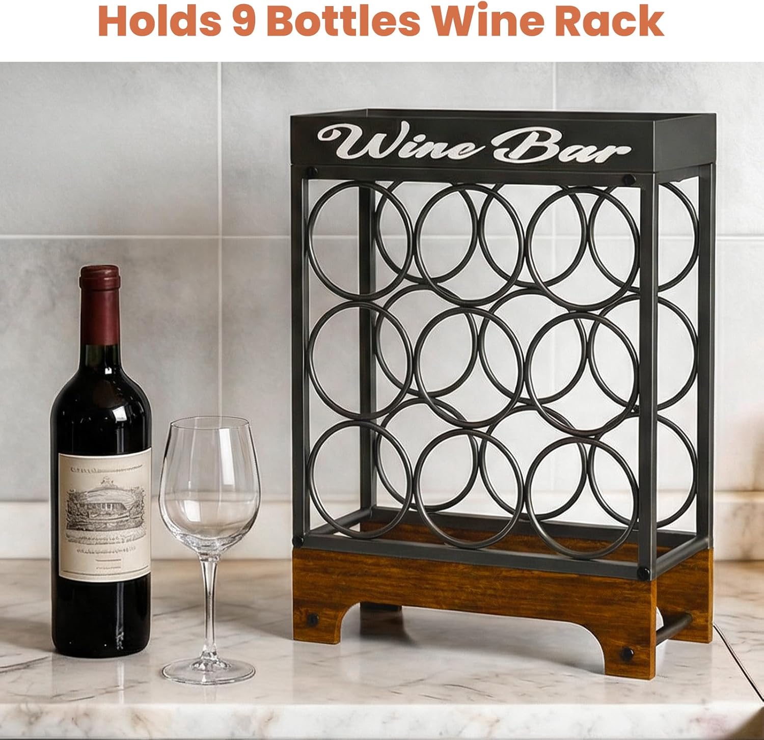 9 Bottles Wine Racks Countertop Freestanding with Top Tray, Modern Black Metal &Wood, 3 Tier Tabletop Wine Holder Stand for Home Kitchen Bar, Cabinet, Pantry, Wine Bottle Storage