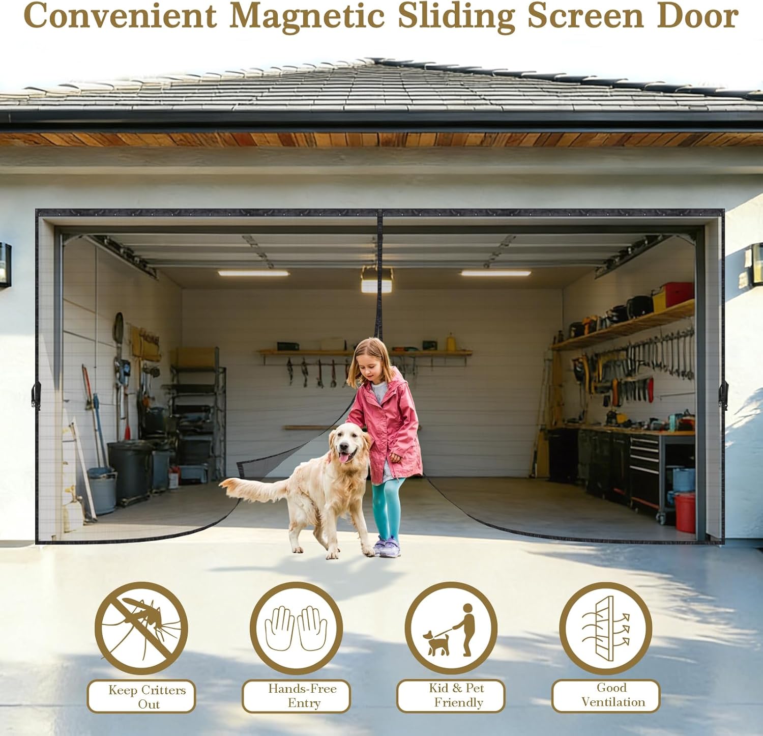 16x7 FT Garage Screen Door Retractable, Magnetic Fiberglass Garage Screen with Track, Sliding Mesh Screen Net for 2 Car Garage, Patio & Balcony, Keep Bugs Out, Easy Install