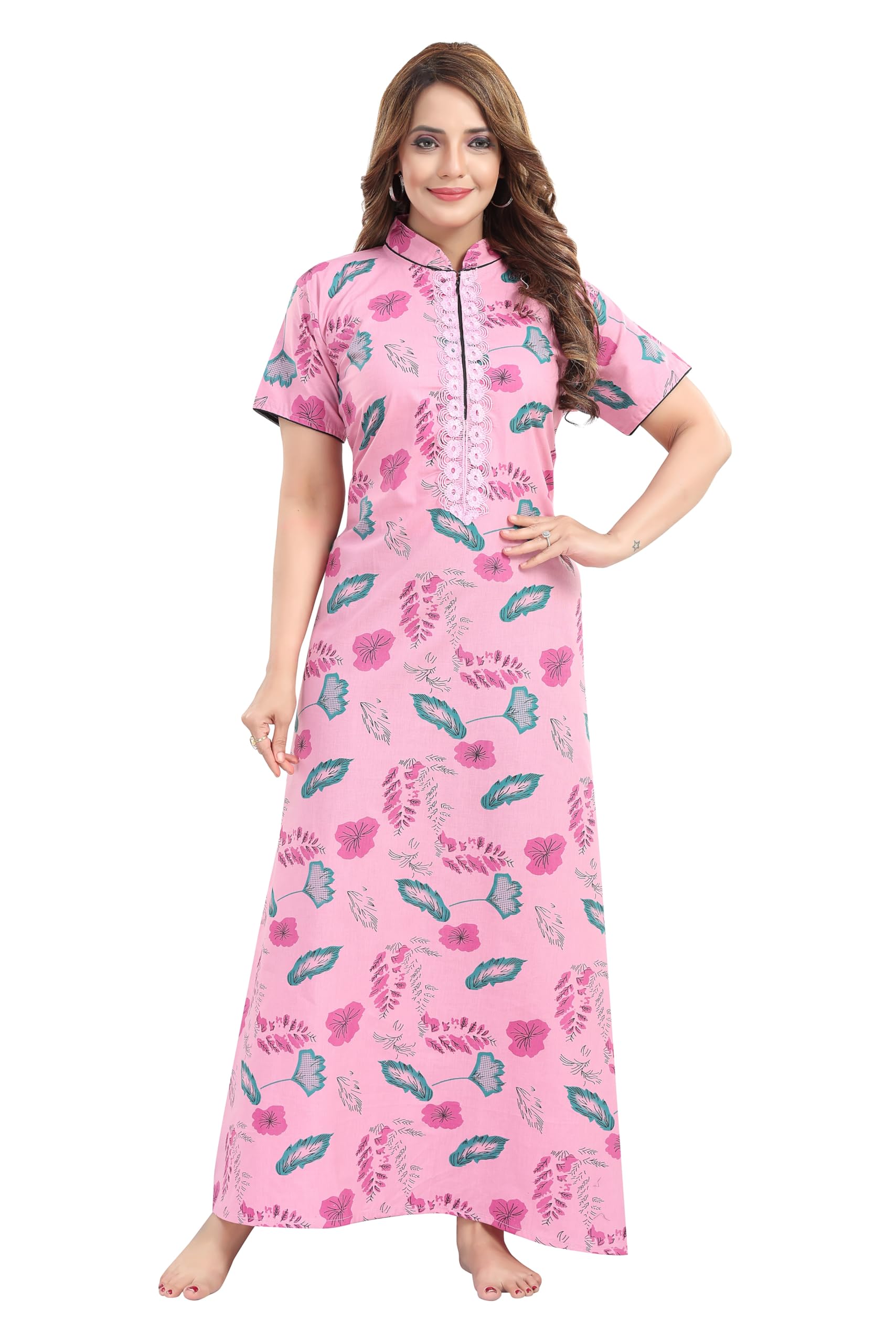 Women Cotton Nighty, Floral Print, Free Size, Embroidered, Long Length, Casual Sleepwear Gown (Baby Pink)-picture-18
