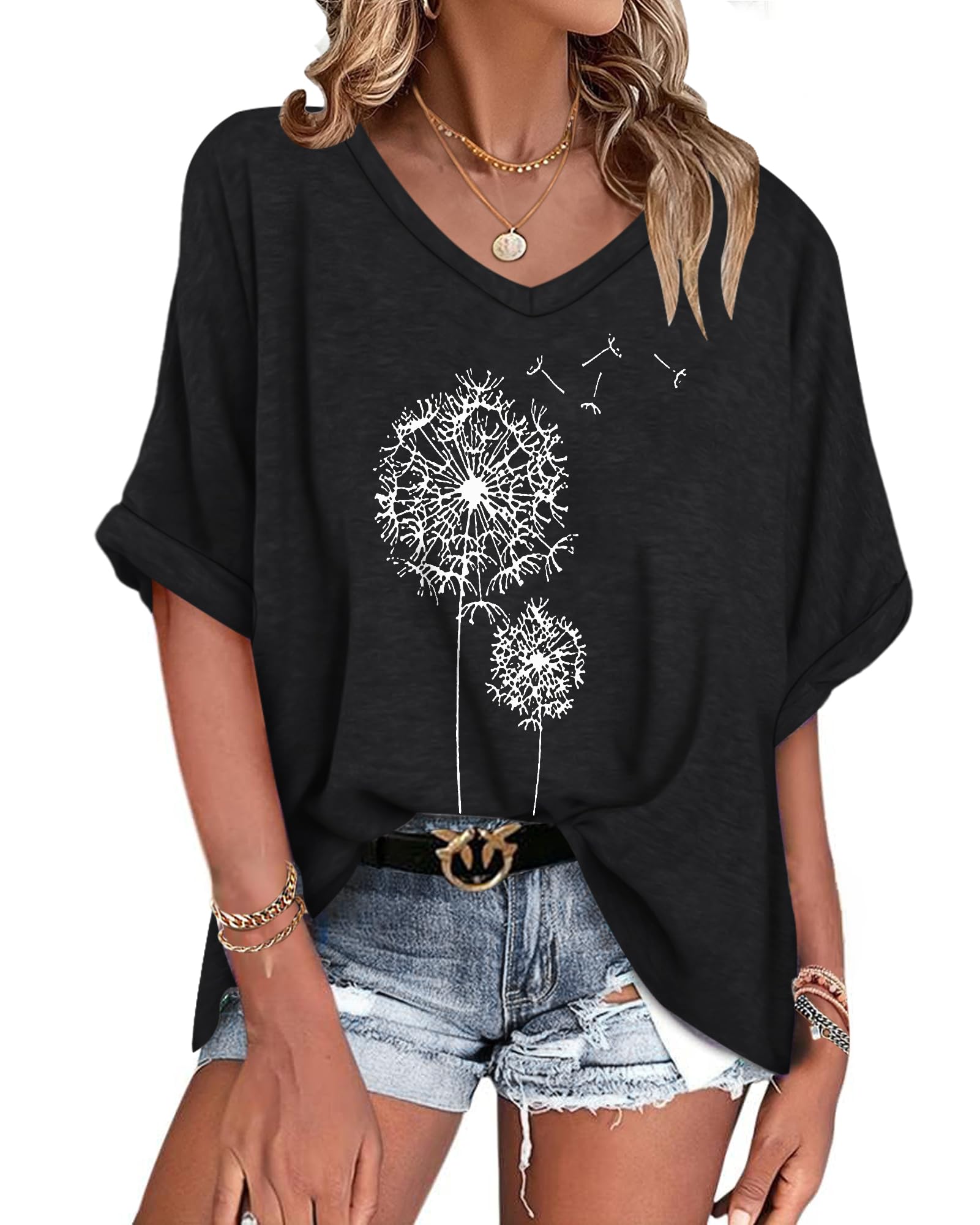 WNEEDU Oversize T-Shirt Damen Sommer V Ausschnitt Top Damen Kurzarm Oberteile Sommer Bluse Shirt Locker Leicht und Luftig