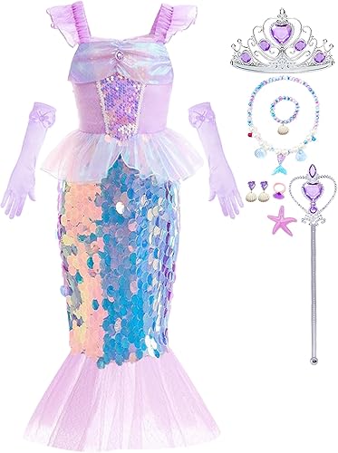 Disfraz de sirena para niñas pequeñas, lentejuelas, vestido de fiesta para niños pequeños, bebés, disfraz de Halloween con accesorios
