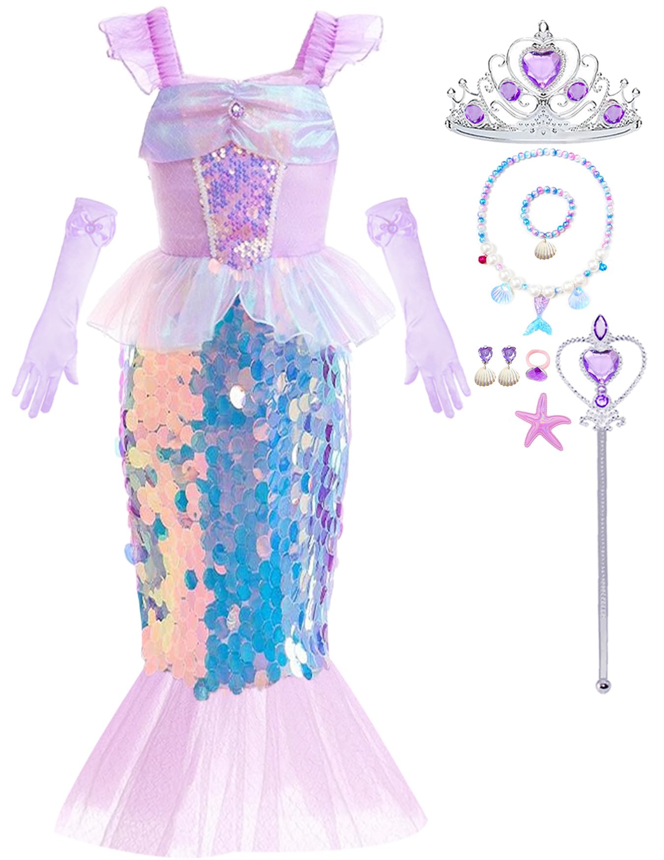 Luzlen Little Girls Mermaid Princess Costume Sequins Party Dress for Toddler Kids Baby Halloween Dress Up with Accessories