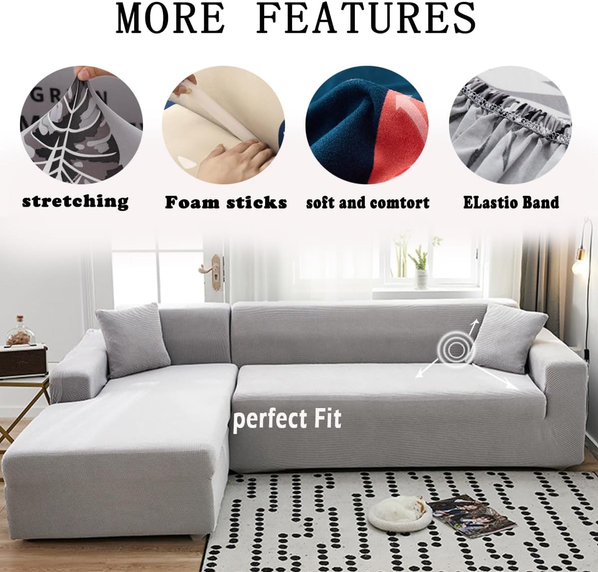 Stretch L Shape subsection Sofa Cover for 1/2/3/4 Seater Sofa with Elastic Strap Couch Cover Furniture Protector for Kids,Pets 2 piece3+4 seat