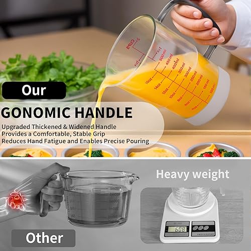 Vista 18 de Newness Taza medidora de vidrio con asa, 33.8 fl oz (1 litro, 4 tazas) taza medidora de doble cara con tres escalas (OZ, taza, ML/CC) y pico
