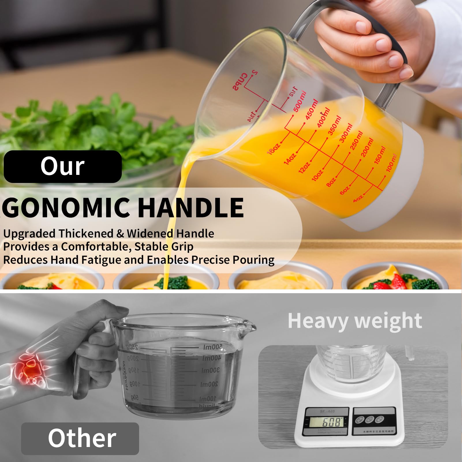 Taza medidora de vidrio de 2 tazas para hornear y cocinar, (actualizada, 3 marcas, incluye escala de taza/ml/onza) apta para lavavajillas, congelador, microondas y horno precalentado 5