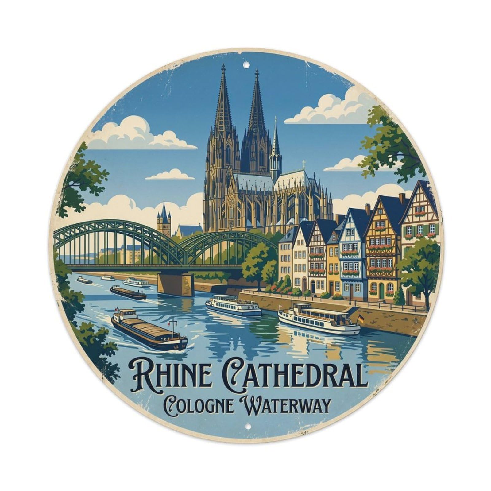 Vintage Travel Rhine Cologne Waterway Metal Tin Sign