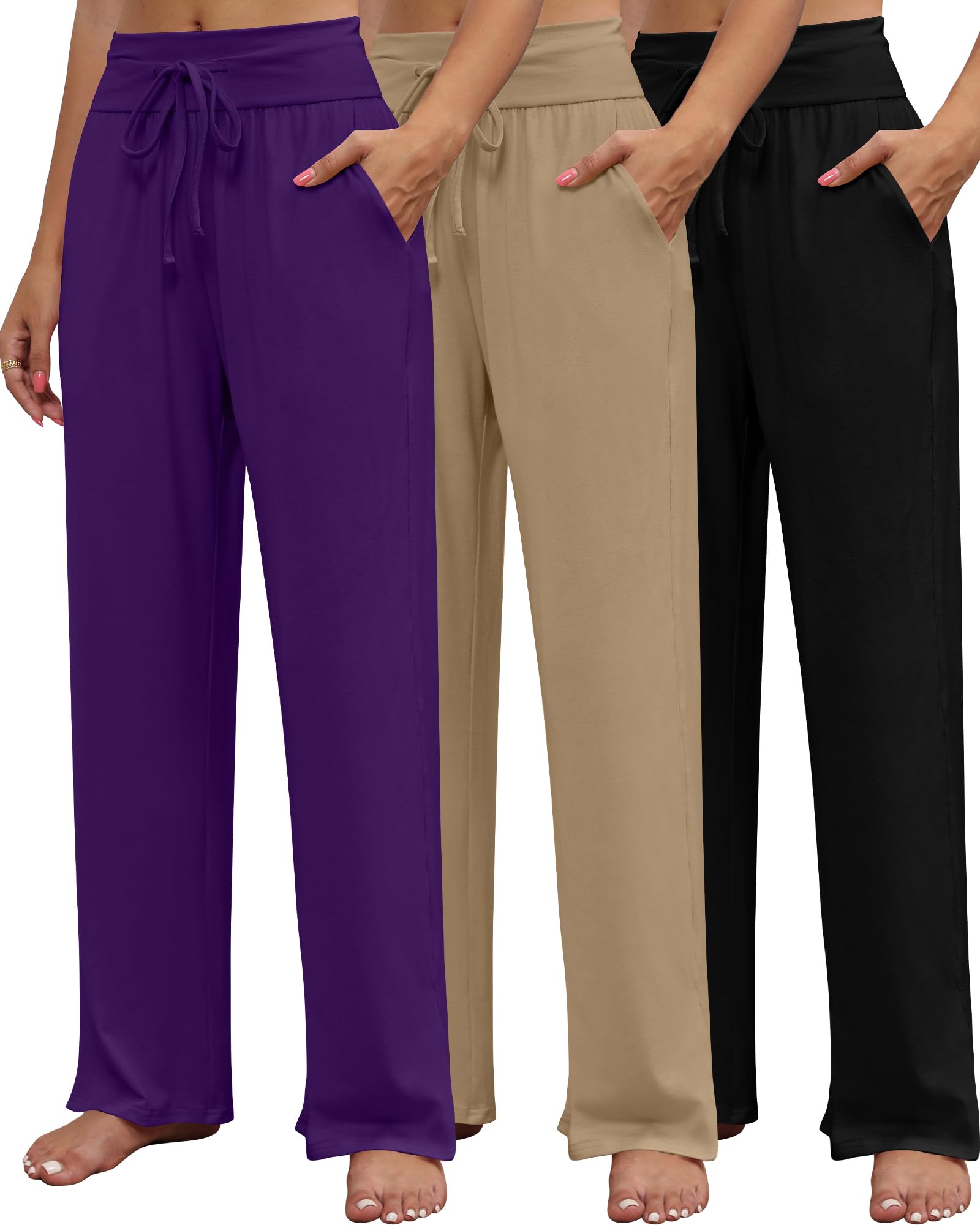Neer 3 Pack Women's Lounge Pants Wide Leg Yoga Sweatpants with Pockets High Waisted Drawstring Lounge Loose Workout Jogger(Small,Purple, Khaki, Black)