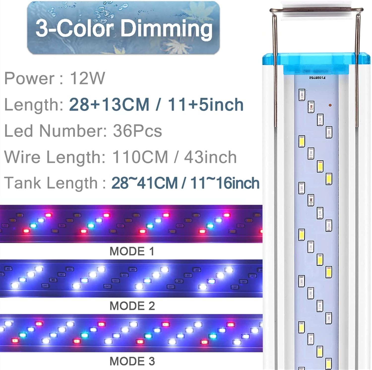 Super Slim LEDs Aquarium Lighting Aquatic Plant Light 18-75CM Extensible Waterproof Clip on Lamp for Fish Tank (8W/12W/16W/20W/24W) (Power : 20W Style : White Light) (3 Color Dimming)