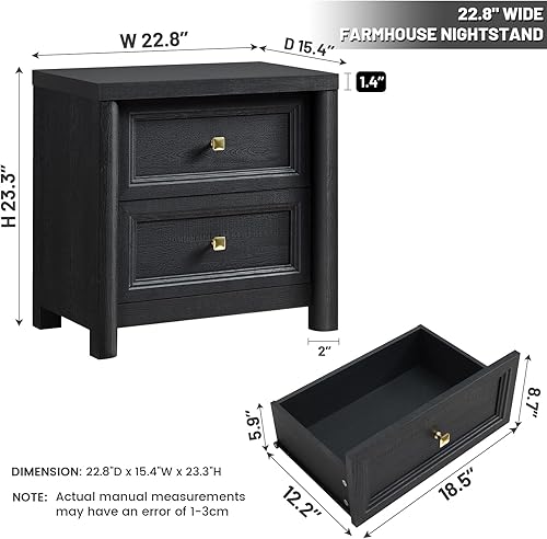 Miniatura 3 de Juego de 2 mesitas de noche negras, juego de 2 mesitas de noche de granja, mesita de noche negra y dorada con 2 cajones, mesa auxiliar de cama de