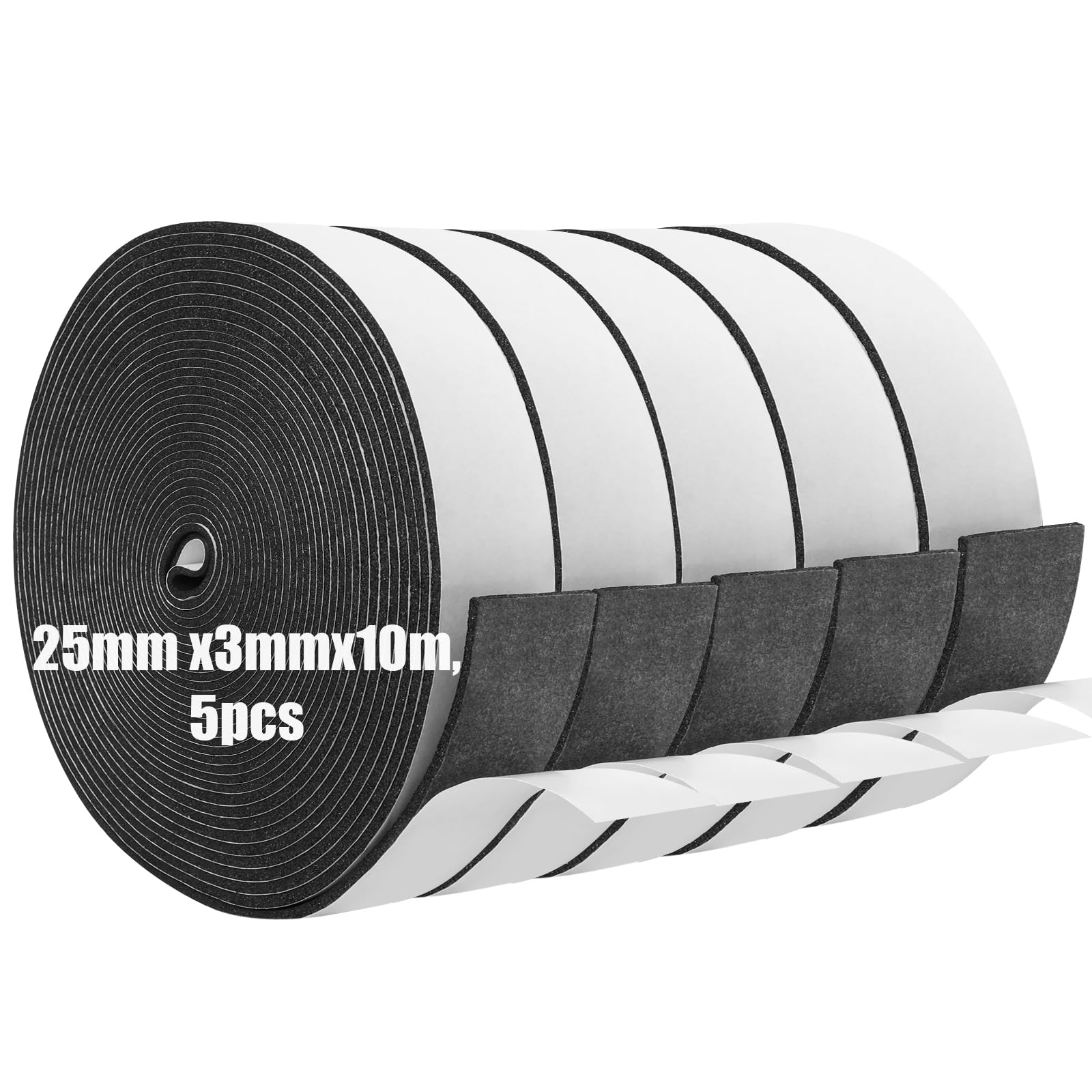 Foam Insulation Tape Self Adhesive,25mm(W) x3mm(T) x10m(L)-5pcs,Weather Stripping for Doors and Windows,Sound Proof Soundproofing Door Seal,Weatherstrip,Cooling,Air Conditioning Seal Strip