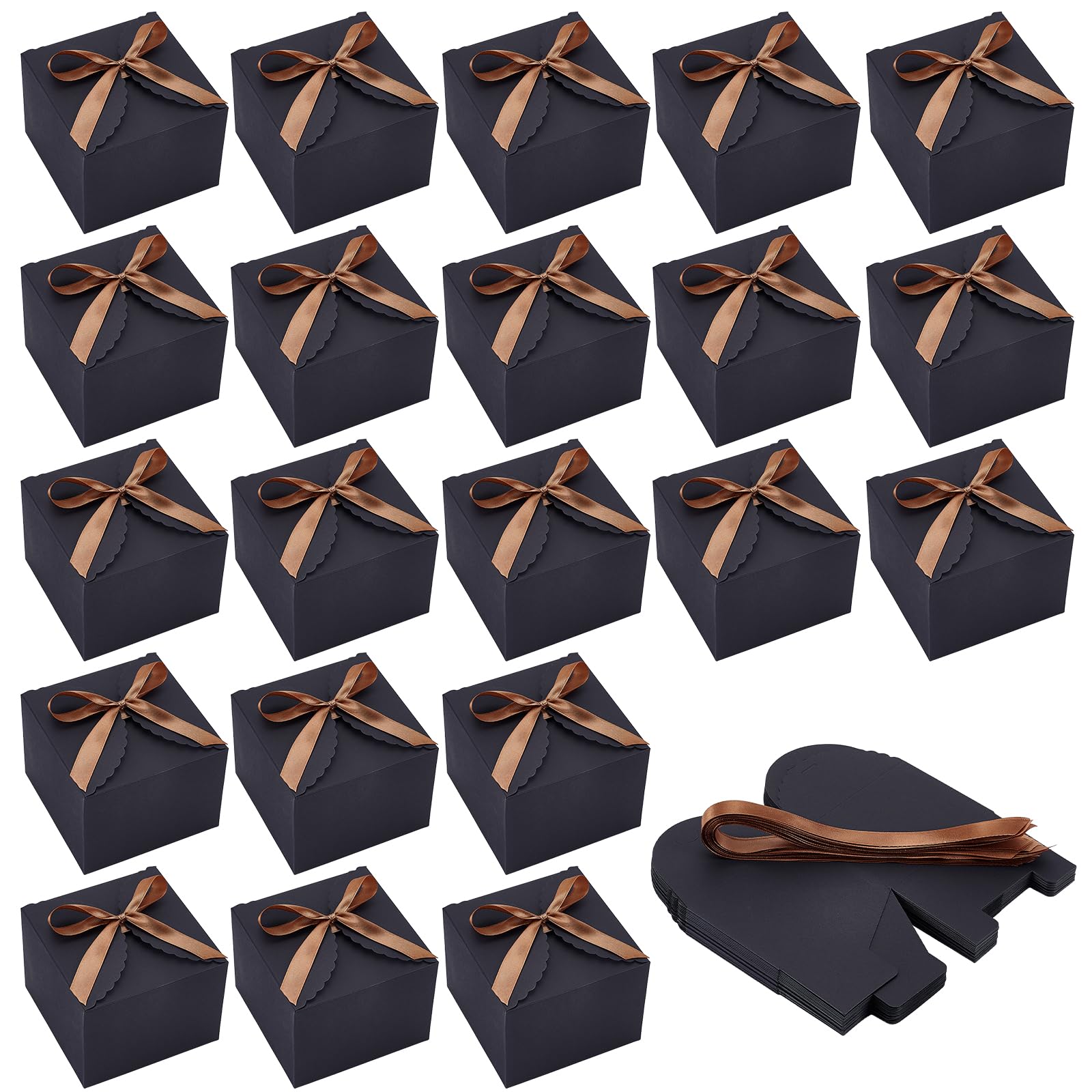 INTERWARM 50Pcs Small Black Boxes for Gifts, 12x12x9cm Empty Kraft Paper Gift Boxes with Ribbon Decorative Empty Candy Boxes for Candy Wedding Bridesmaids Birthday Party