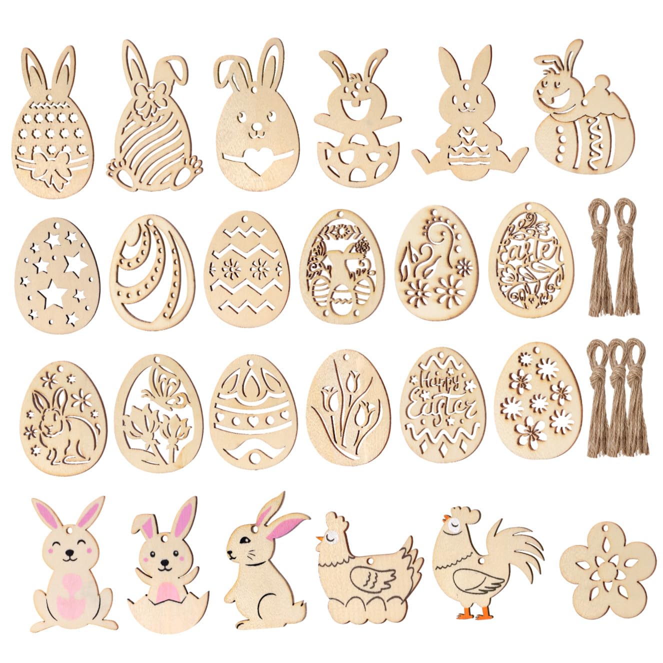 NUOBESTY Uova di Pasqua Coniglietti Ritagli Fette di Legno Non Finite Ornamento Appeso per Artigianato Fai da Te Decorazione Festa di Pasqua (48 Pezzi)