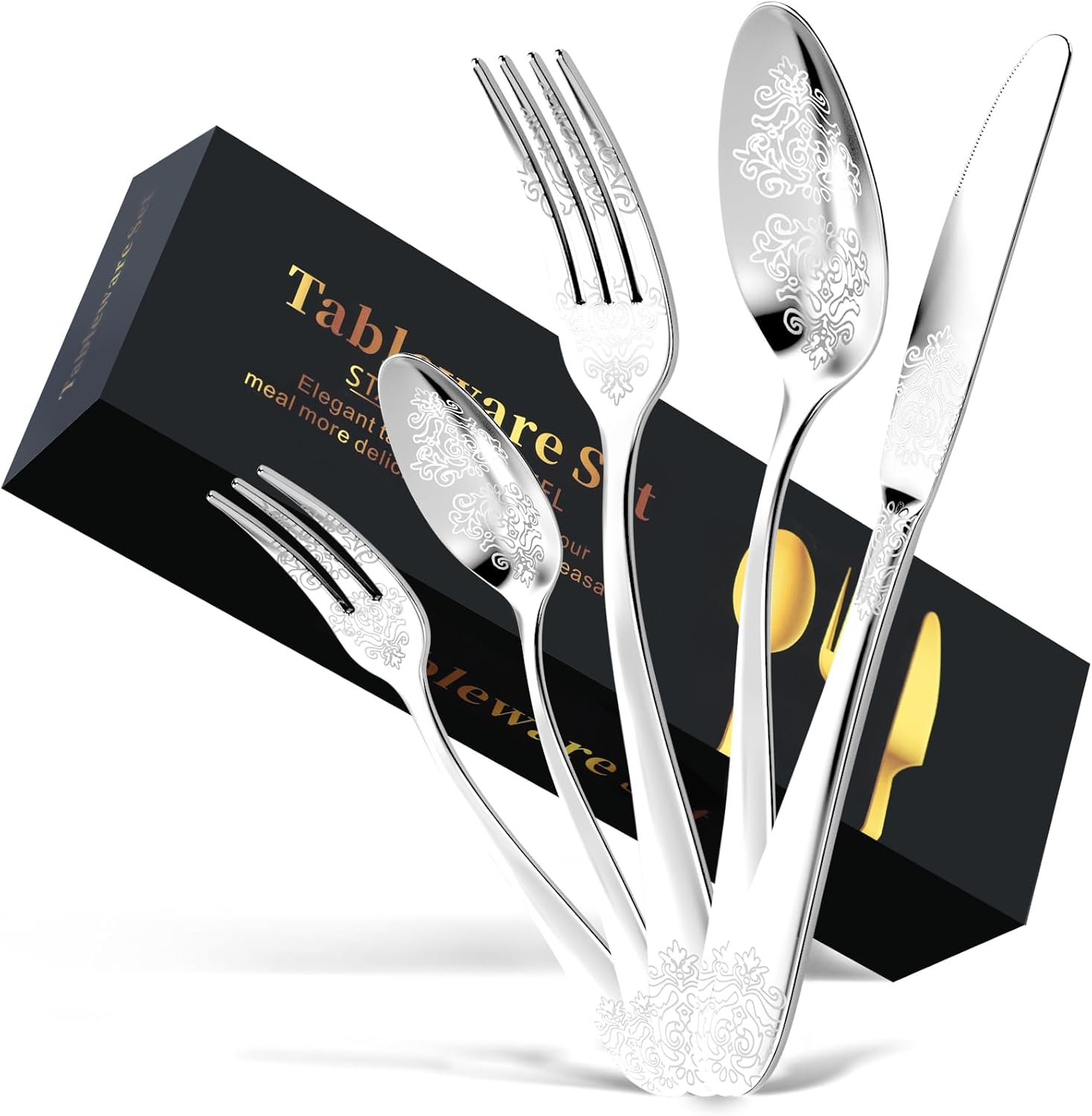 40-Piece Stainless Steel Silverware Set, Elegant Floral Engraved Cutlery Flatware Set for 8, Durable Tableware Utensil Sets Silver Include Fork Spoon Knife with Mirror Polish