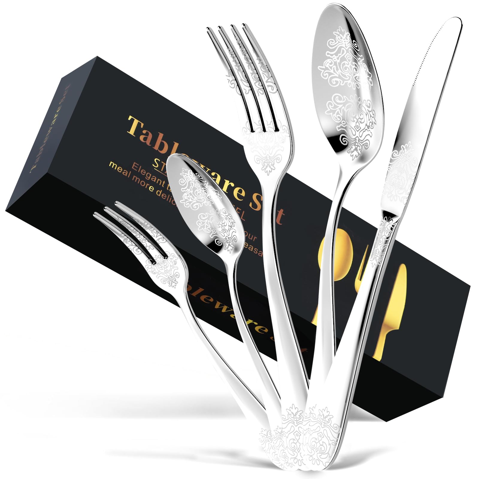 20-Piece Stainless Steel Silverware Set, Elegant Floral Engraved Cutlery Flatware Set for 4, Durable Tableware Utensil Sets Silver Include Fork Spoon Knife with Mirror Polish,Ideal Christmas Gift