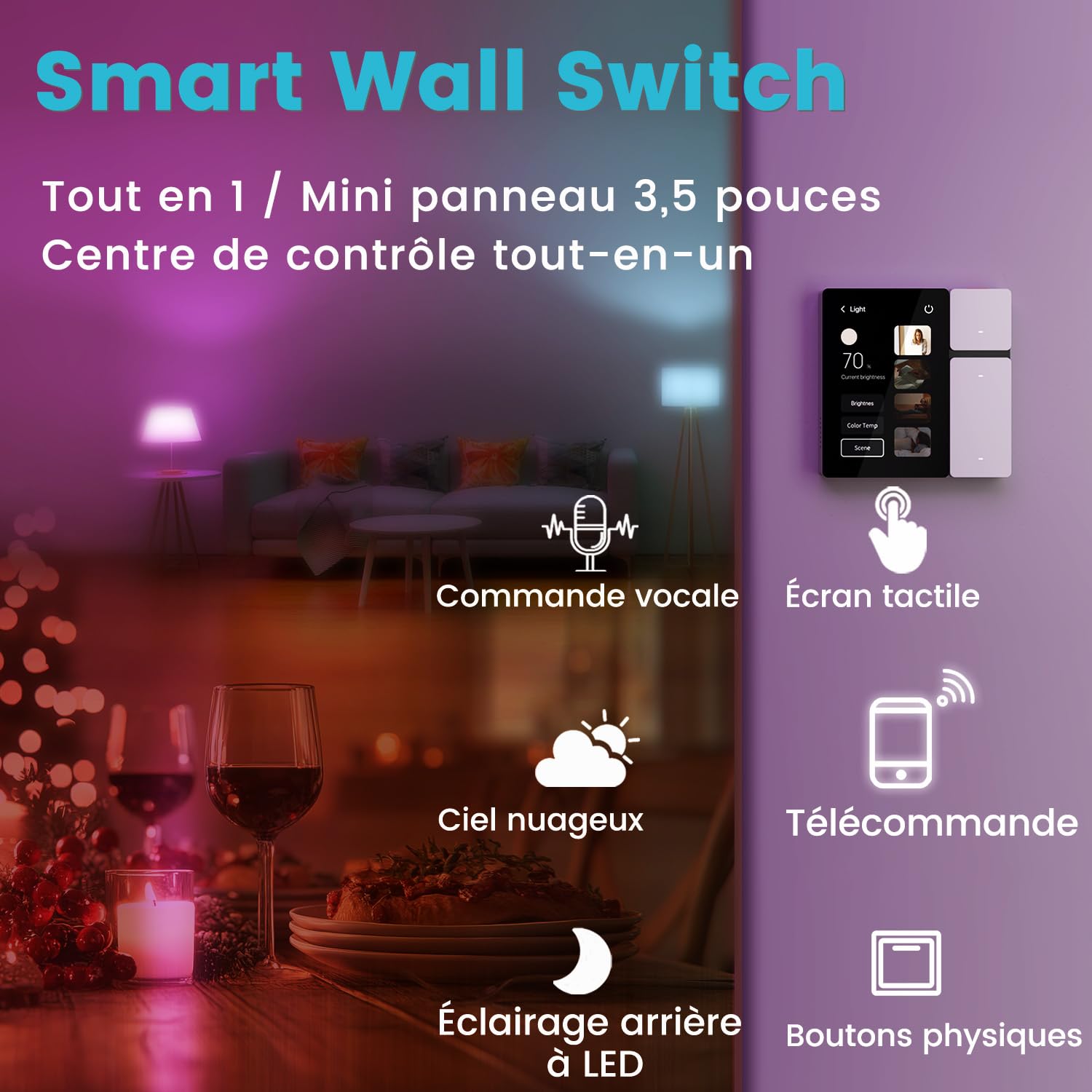 TONGOU Panneau de contrôle Smart Life pour commutateur WLAN 3,5", compatible avec Alexa