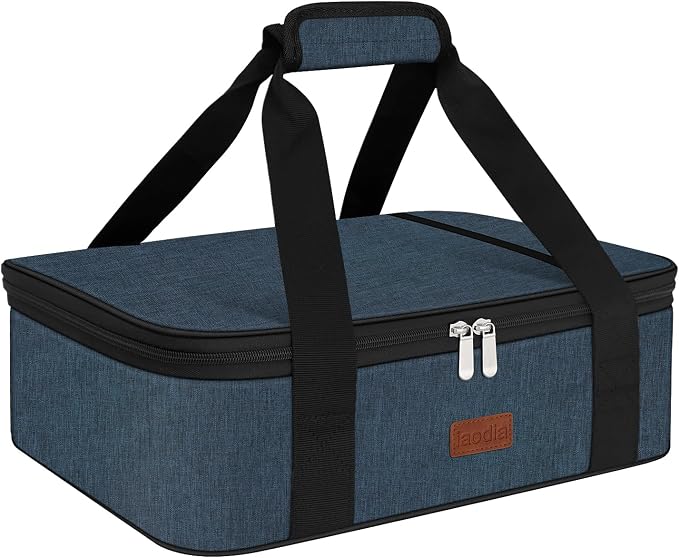 Double Casserole Carrier Bag，Expandable Thermal Food Carrier Insulated Travel Carry Bag for Hot or Cold Food for Picnic Cookouts Potluck Parties Fits 9" x 13" Baking Dish (Blue)