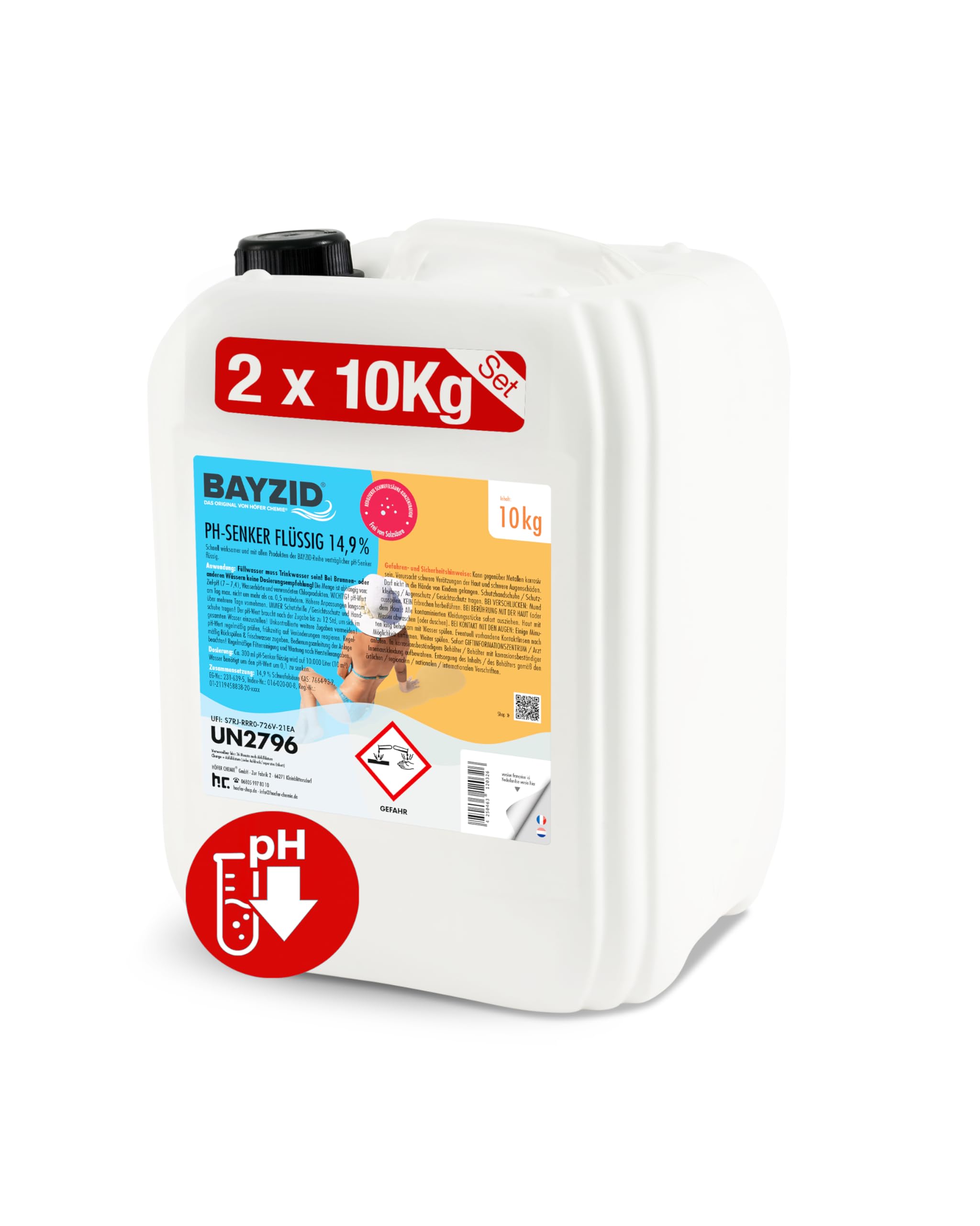 2 x 10 kg BAYZID pH Senker Minus 14,9% von Höfer Chemie für Pool & Schwimmbad zur Senkung des pH Werts