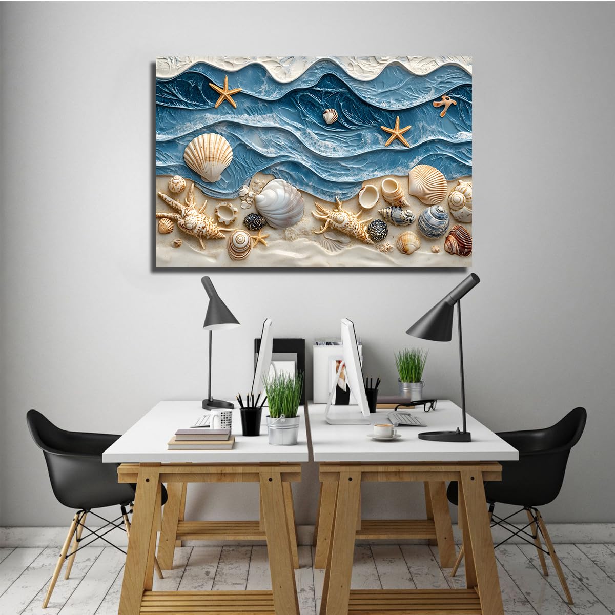 Fale oceanu Muszle Wall Art Wall Art Beach Theme Muszle Morskie Nadmorskie Drukowanie Nadmorskie Plakaty Nadmorskie Dzieła Sztuki Do Salonu Łazienka Decor 70 x 110 cm Rama wewnętrzna