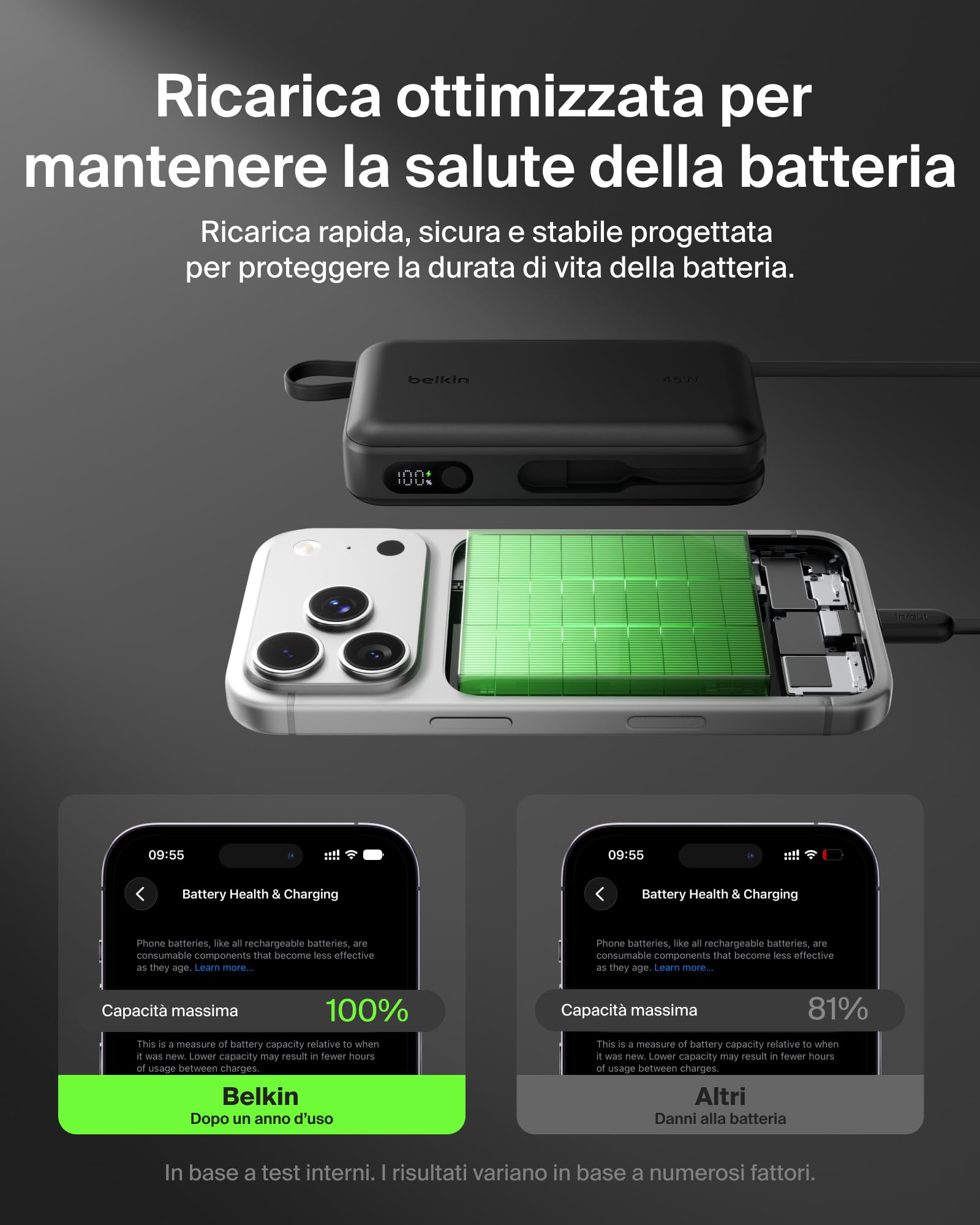 Belkin UltraCharge Power Bank 20000mAh con Cavo USB-C e Display - Nero | Caricatore Portatile 20000mAh, Ricarica 3 dispositivi (1 USB-C, Cavo USB-C Integrato, 1 USB-A), 45W, Pre-Caricato, Display
