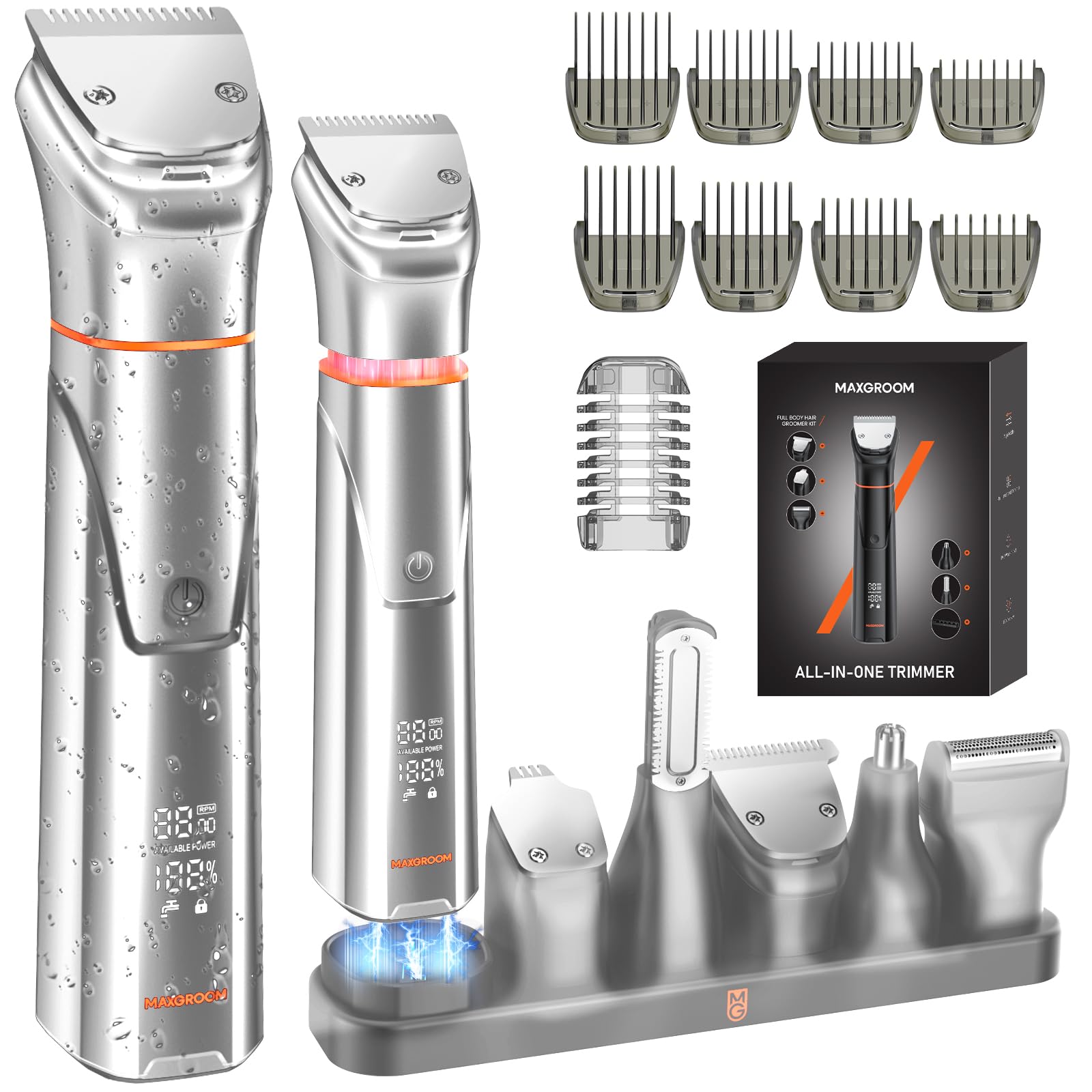 Maxgroom 6-en-1 Tondeuse Barbe Homme,Rasoir Electriques Hommes avec Base de Stockage Organisée,Double Mode de Charge(Base&USB-C),Tête Magnétique Amovible,IPX6 Sec/Mouillé, Autonomie 120 Mins (Argent)