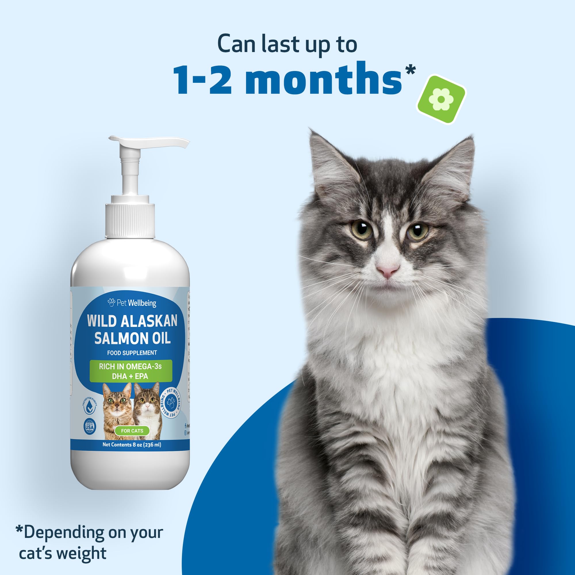 Pet Wellbeing Olio di salmone selvatico dell'Alaska per gatti, olio di pesce omega-3 catturato in natura, lavorato a freddo, per pelo e pelle sani, mobilità e forza articolari, EPA, DHA, 236 ml