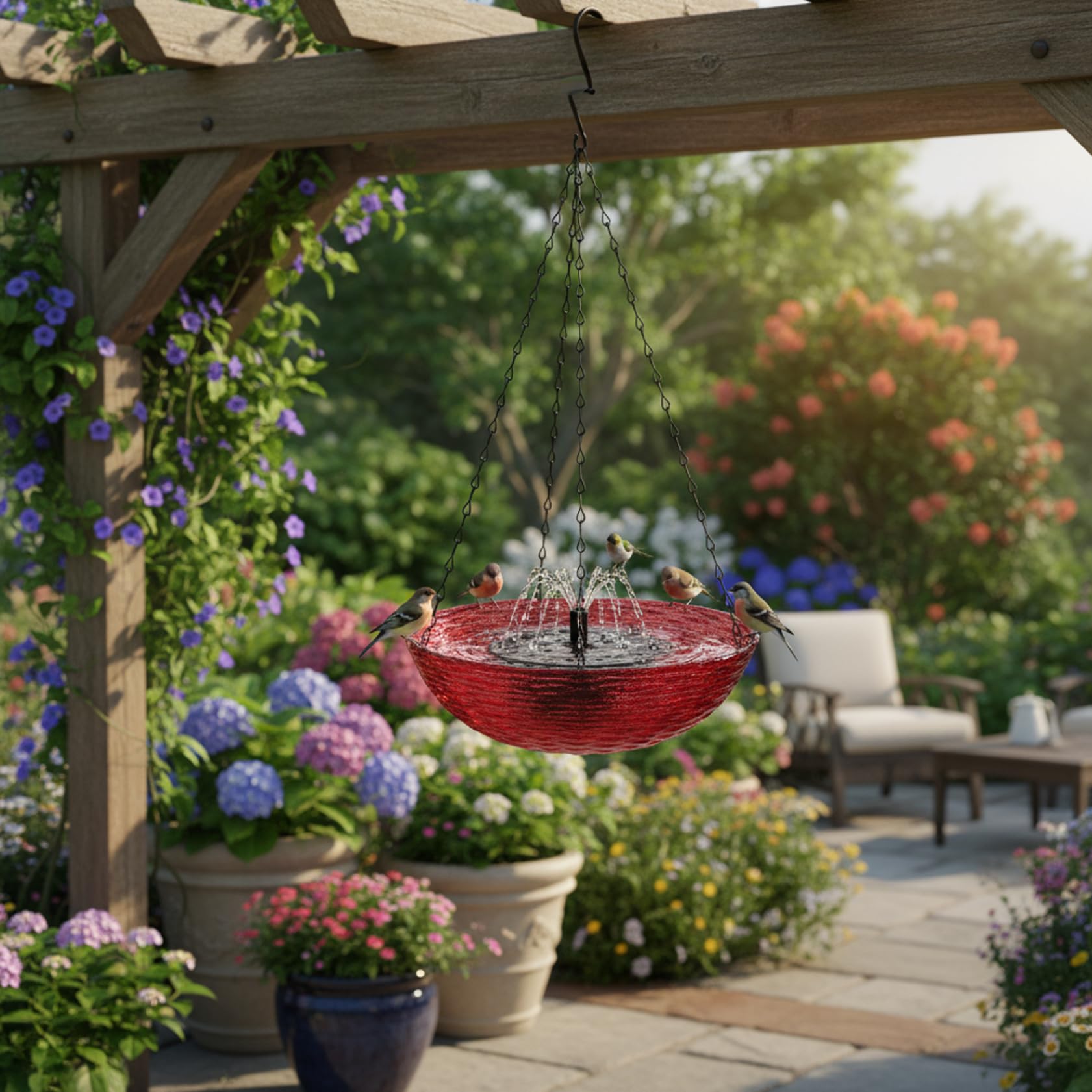 Vaschetta per Uccelli sospesa ad energia Solare per Esterni, Fontana per Uccelli per Giardino, Patio e Cortile (23x56 cm) Rossa