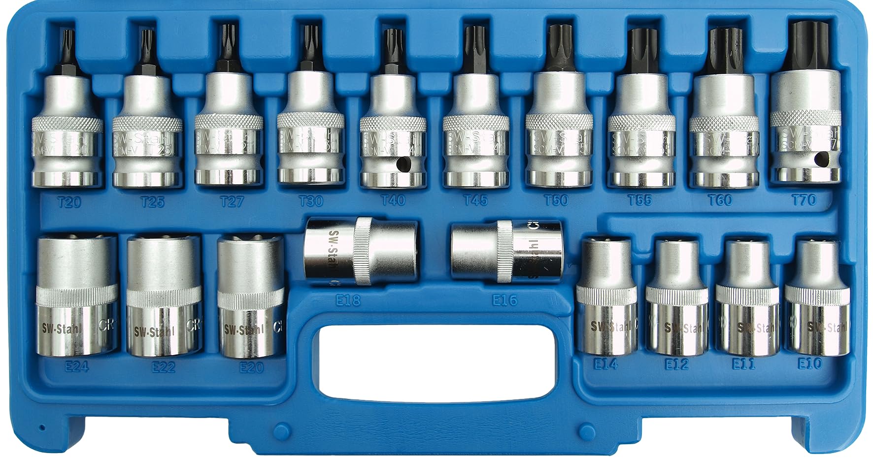 SW-Stahl 04180L Zestaw Nasadek Torx T i E, 19 Sztuk, 1/2 Cala, T30-T70 | Komplet kluczy nasadowych do śrub kombi E10-E24, stal chromowo-wanadowa, profesjonalne akcesoria warsztatowe 12,5 mm