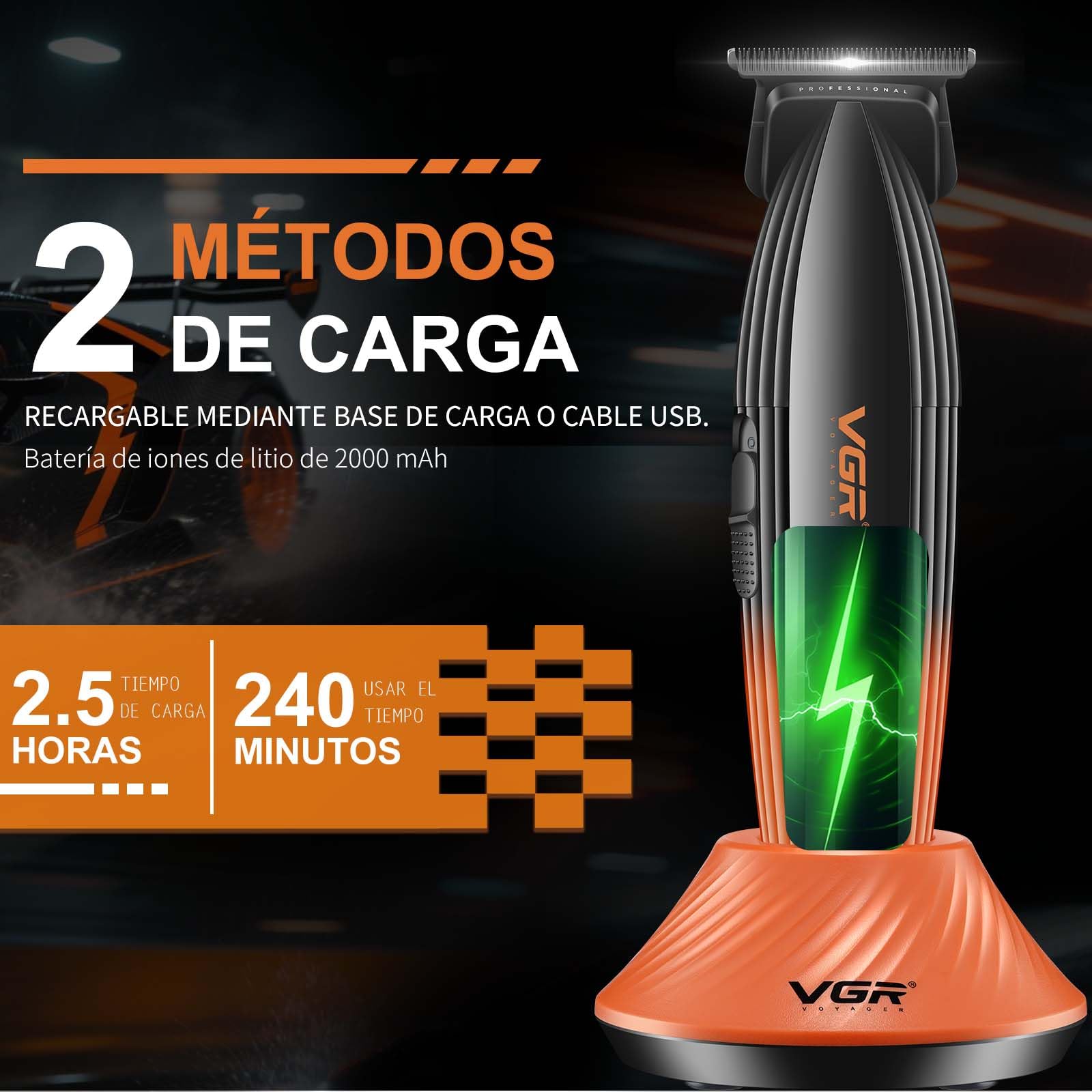 VGR 889T Maquina de Cortar Pelo Hombre Precisión, Base de Carga, Naranja | Cortapelos Hombre Profesional con Modo Turbo, Pantalla LED y Carga USB