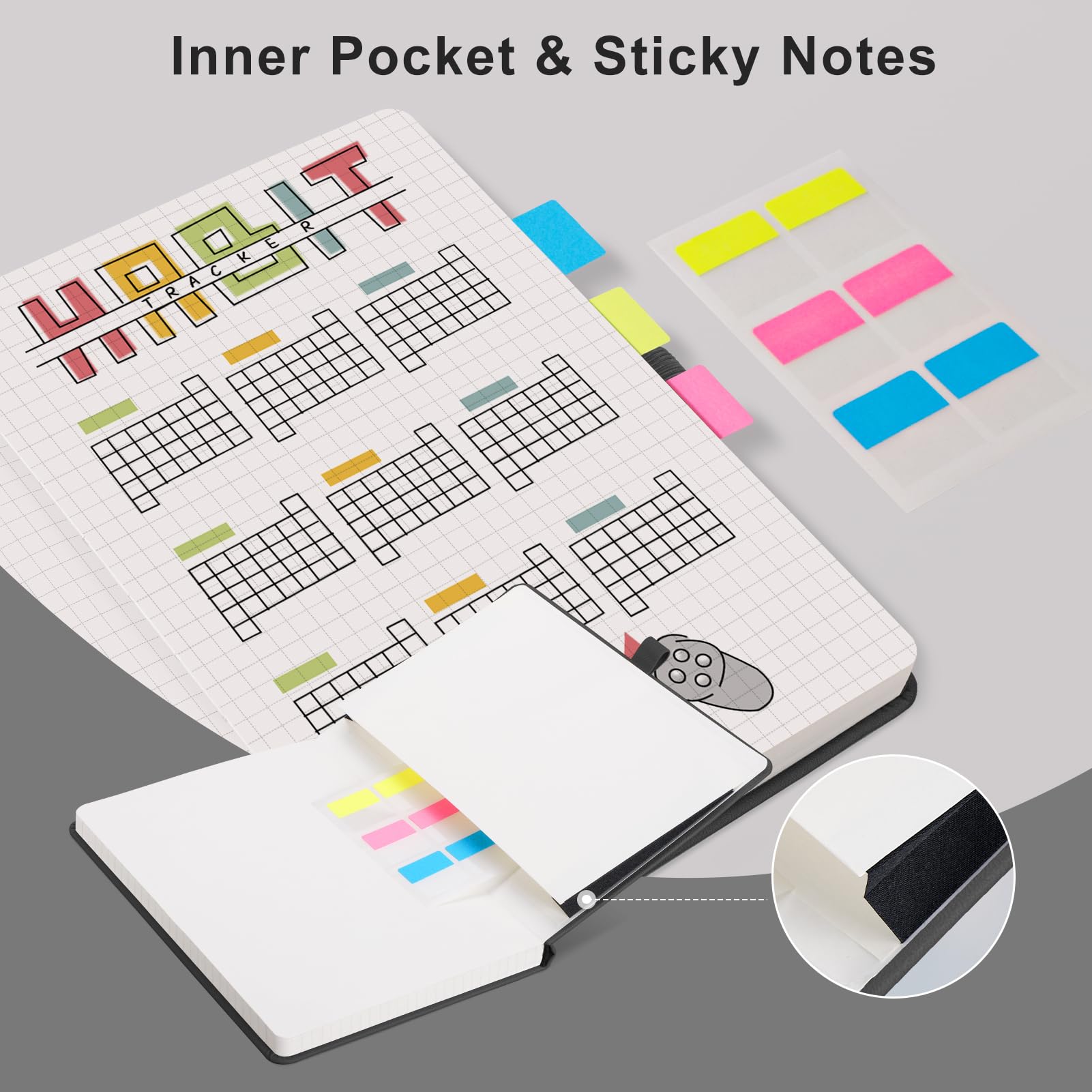 EMSHOI A5 Notebook Graph Paper, 100 GSM Hardcover Leather Squared Journal with Sticky Notes - Image 4
