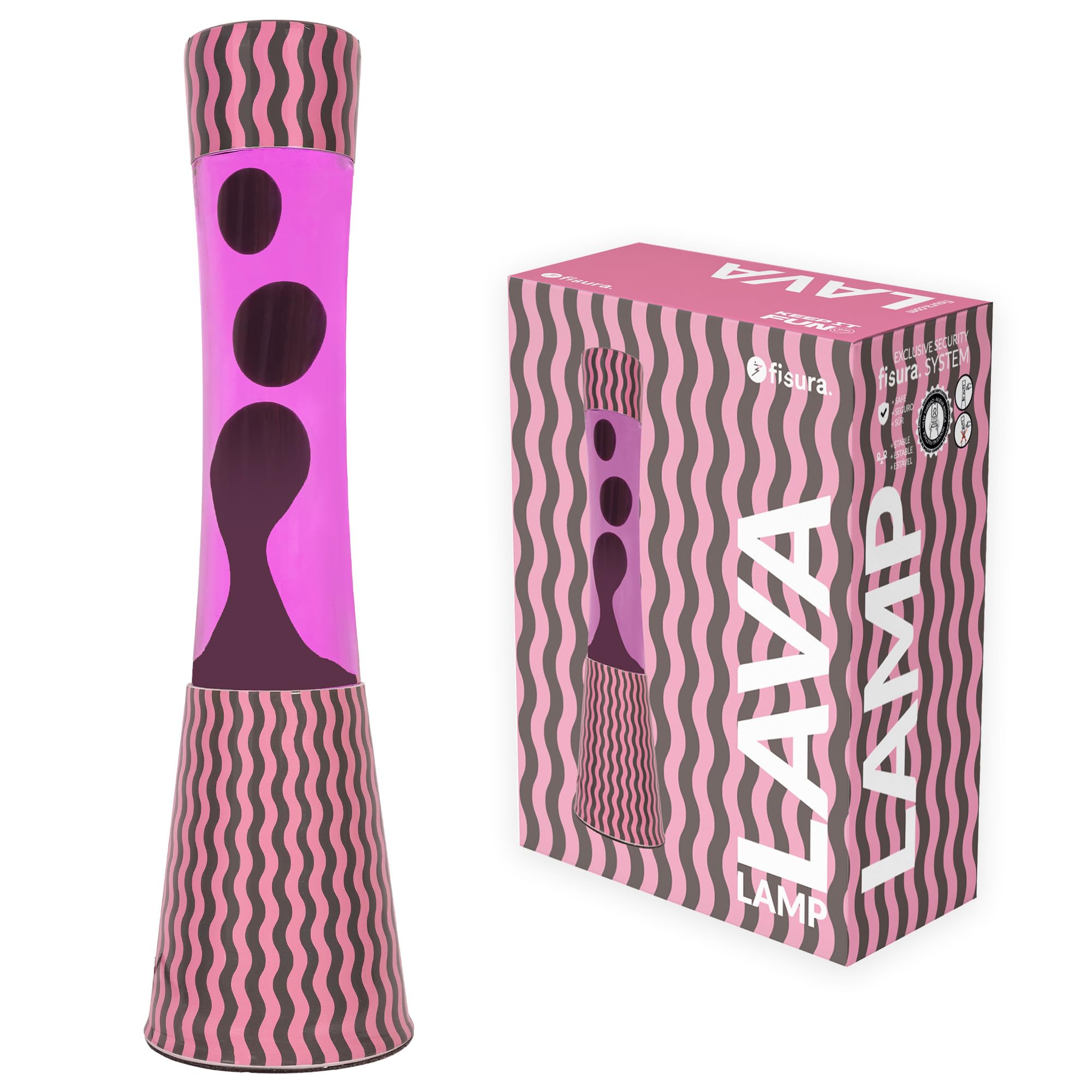 Fisura – Lampe à lave effet ondulations. Lampe décorative relaxante pour maison ou bureau, design original avec lave marron et liquide rose, ampoule de rechange incluse, 11 x 11 x 39,5 cm