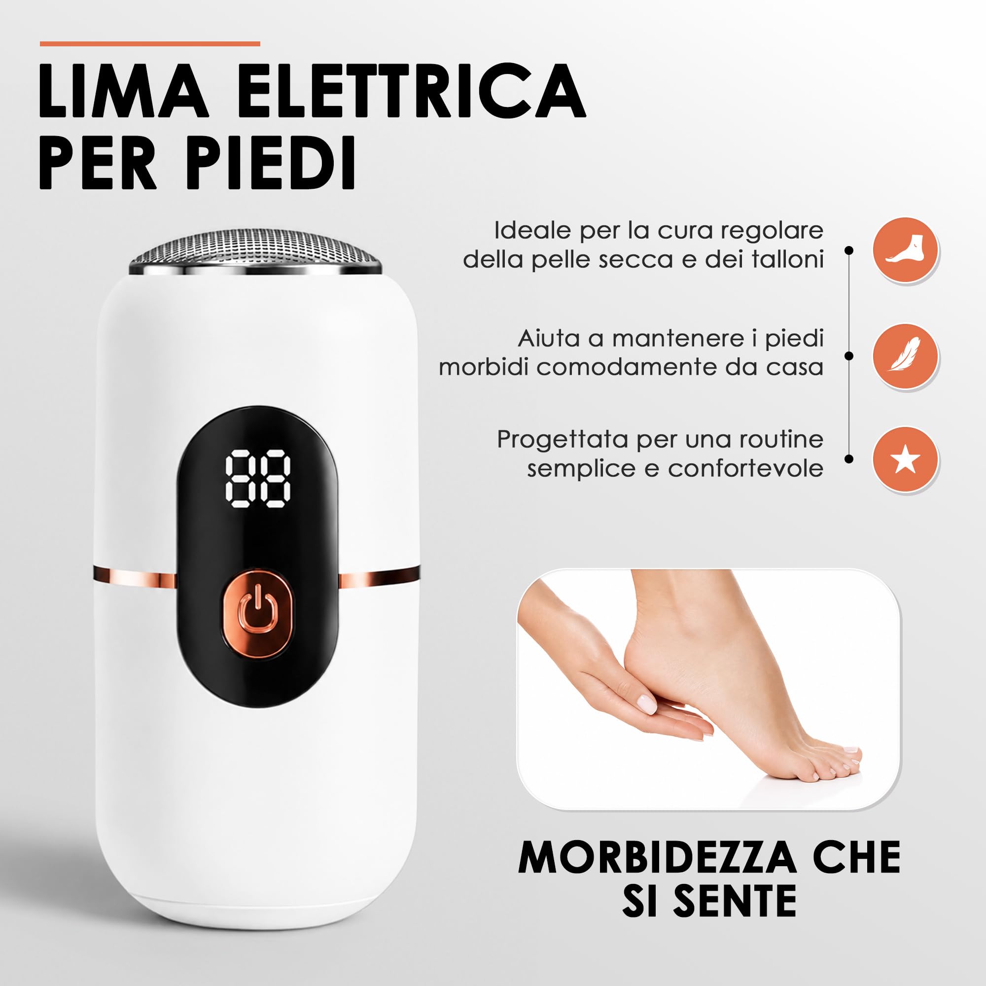 Pedicure Elettrica Professionale Piedi, Lima elettrica per piedi, Rimuovere calli, pelle morta e talloni ruvidi, strumento per pedicure a 3 velocità con 2 testine abrasive sostituibili.