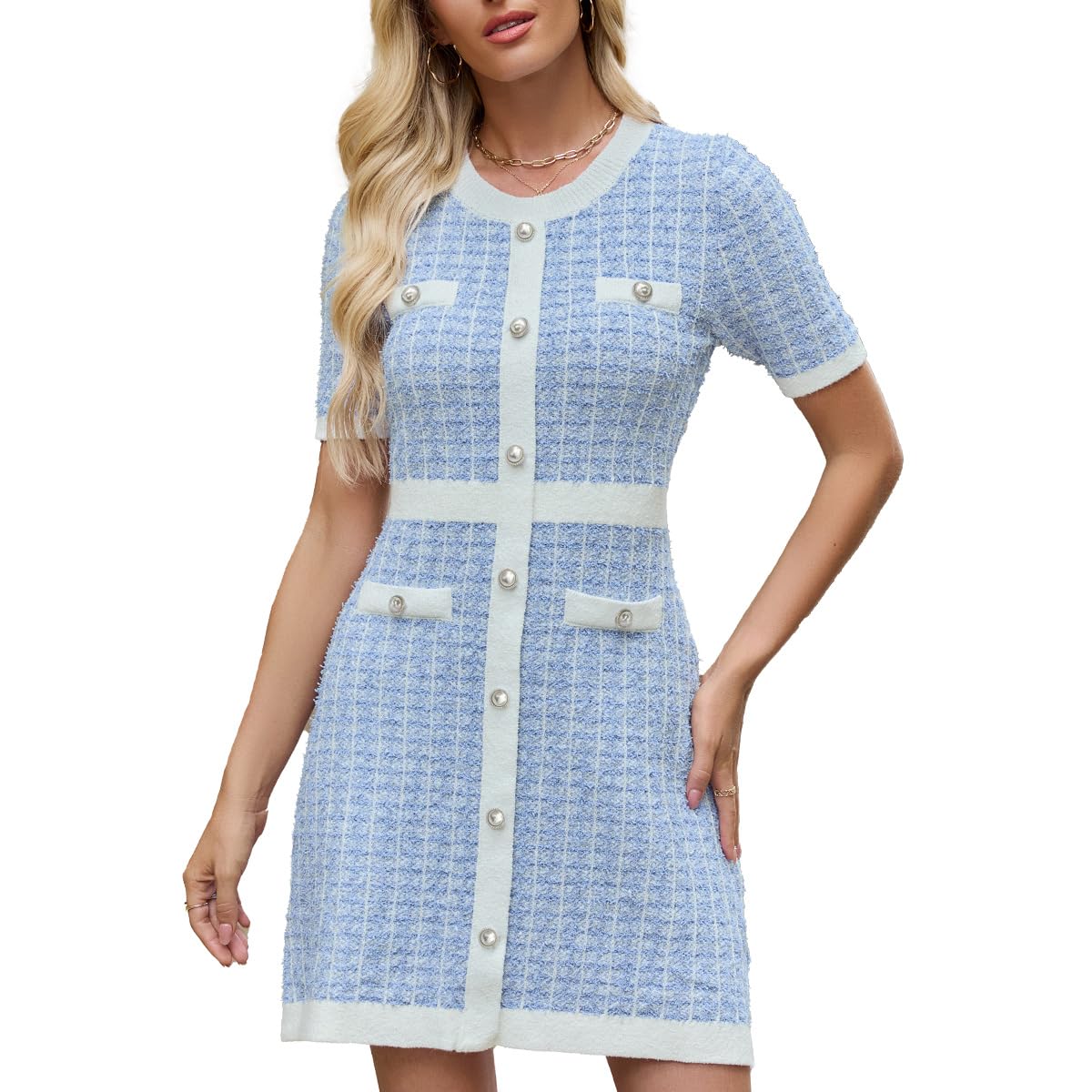 URBAN REVIVO Women's Sweater Dress Knit Tweed Dress Short Sleeve Pearl Button Mini Dresses Trendy for Fall Spring Summer