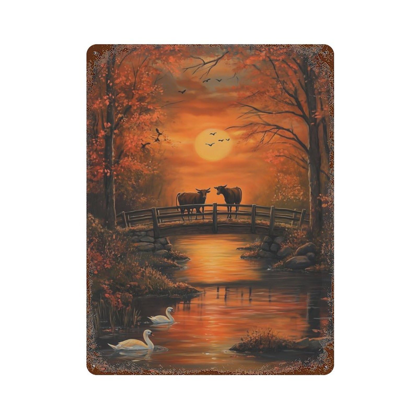 Garage Style Cows in Autumn Sunset Bridge Rustic Tin Plaque 15.7"x11.8", Industrial Home Decor for Bar And Workshop