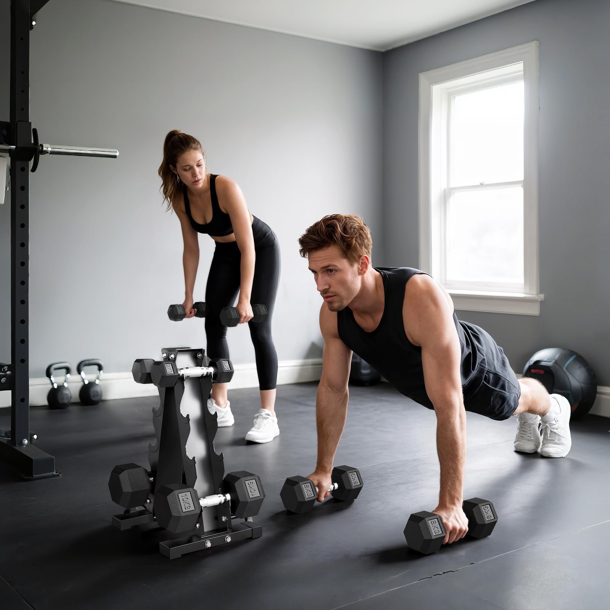 SPORTNOW Set di Manubri da Palestra con Supporto 2x2kg Esagonali Nero | 2x5kg, 2x8kg, 2x10kg, Manubri per Palestra, Ghisa e Gomma, Impugnatura Antiscivolo, Allenamento Fitness Casa
