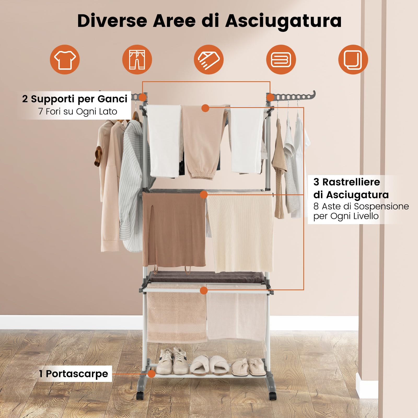 COSTWAY Stendibiancheria a Torre, Stendibiancheria Verticale Salvaspazio con Supporti per Grucce Girevoli e Piani Pieghevoli, Stendino Pieghevole con Ruote, 127x63x171cm (Grigio)