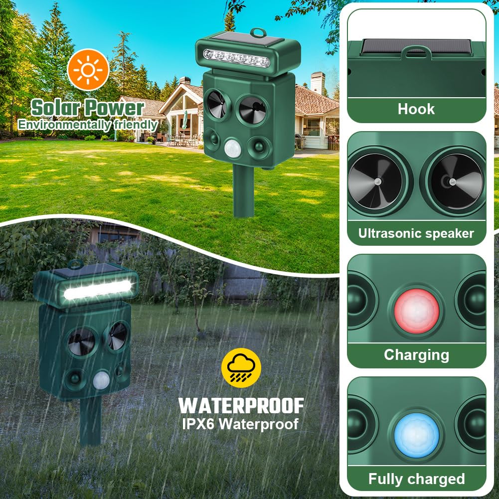 AOOWU Repelente para Gatos, 4 Modos Disuasión Solar Ultrasónico, Ahuyentador de Gatos IPX6 Impermeable, Carga USB Repelente al Aire Libre para Animales con LED Lámpara, Repelene Perros, Pájaros, Gatos