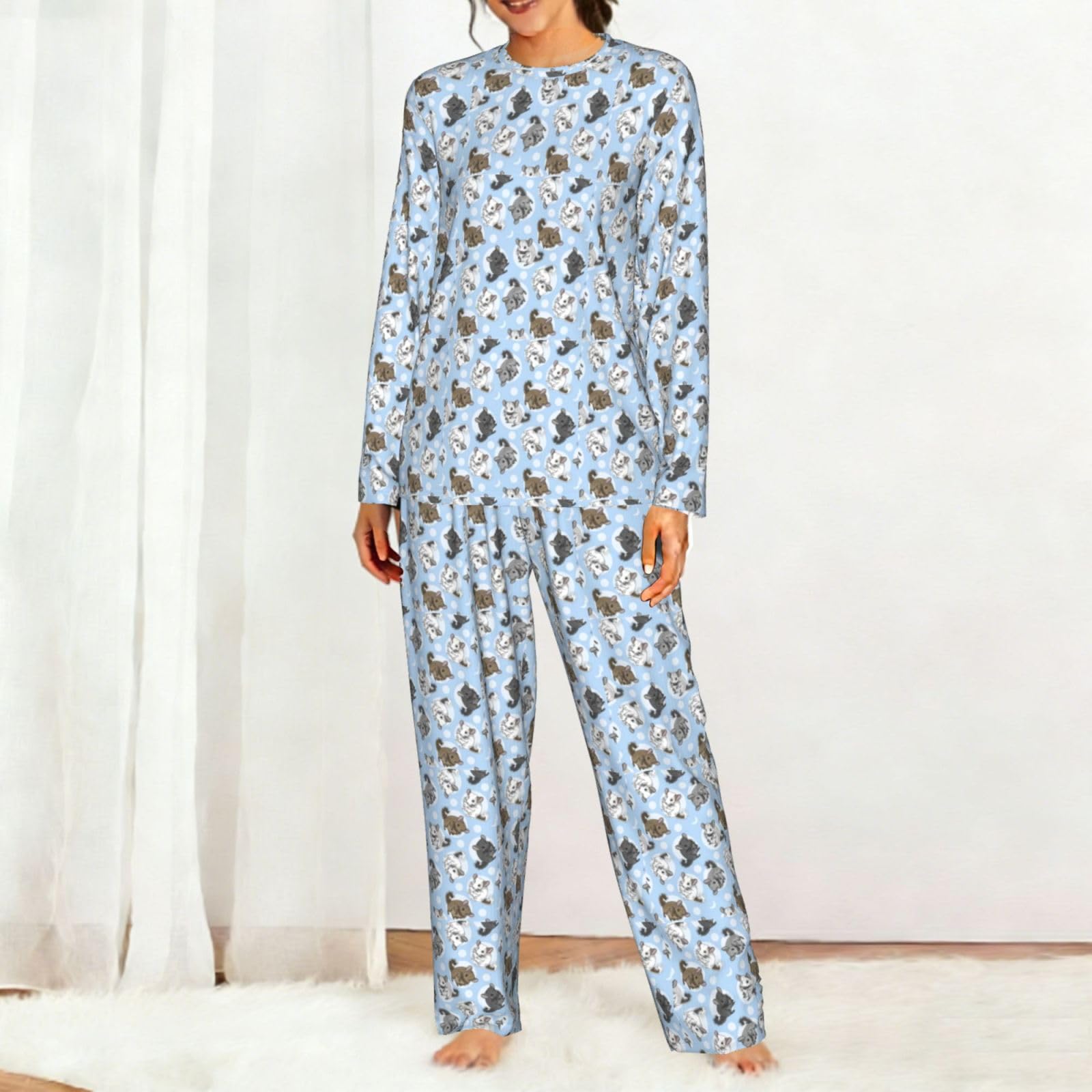Blu Cincillà E Luna Stampa Delle Donne Maniche Lunghe Pigiama Set Morbido Elastico Coulisse Casual Daywear