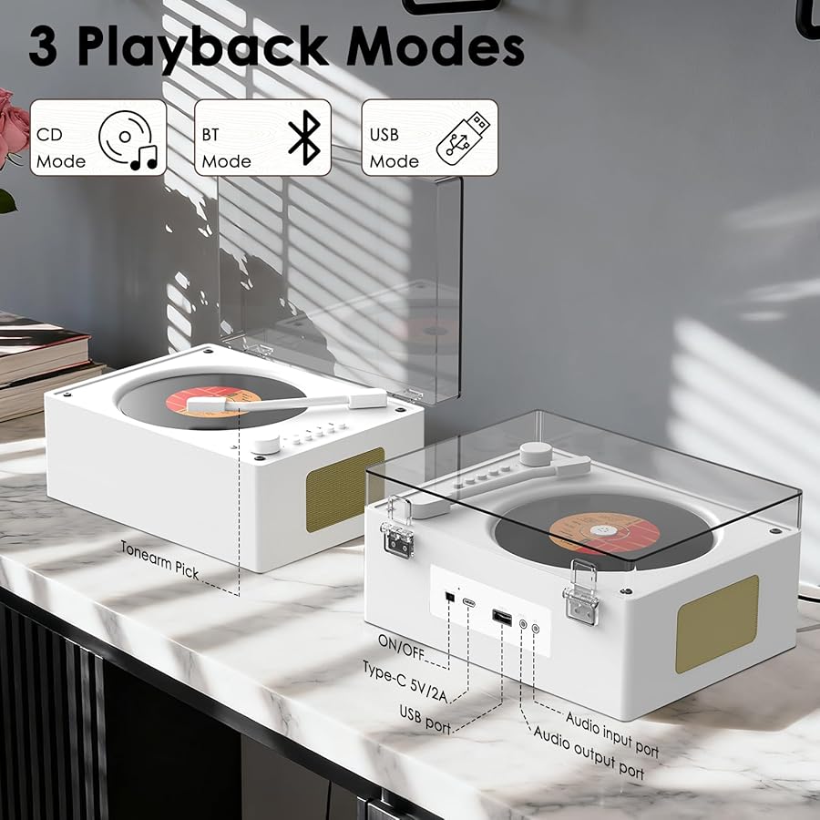 Portable CD Player with Bluetooth 5.3, Hi-Fi Speakers,3.5mm AUX, USB Playback Retro CD Player for Home(White) - image 5