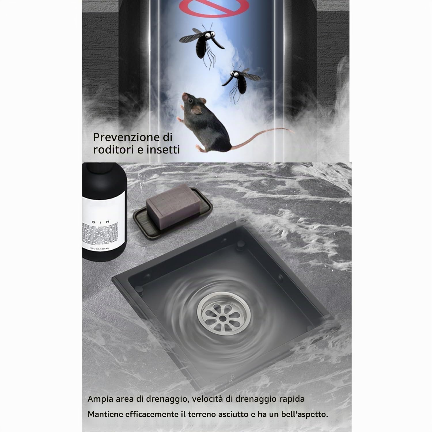 Canalina per doccia quadrata 15 x 15 cm,Piletta Doccia a Pavimento,Nero Scarico Pavimento Doccia,Con Sifone Antiodore a 360°,Filtro Antiodore e Filtro Per Capelli,Per Bagni,Cantine,Interni Ed Esterni