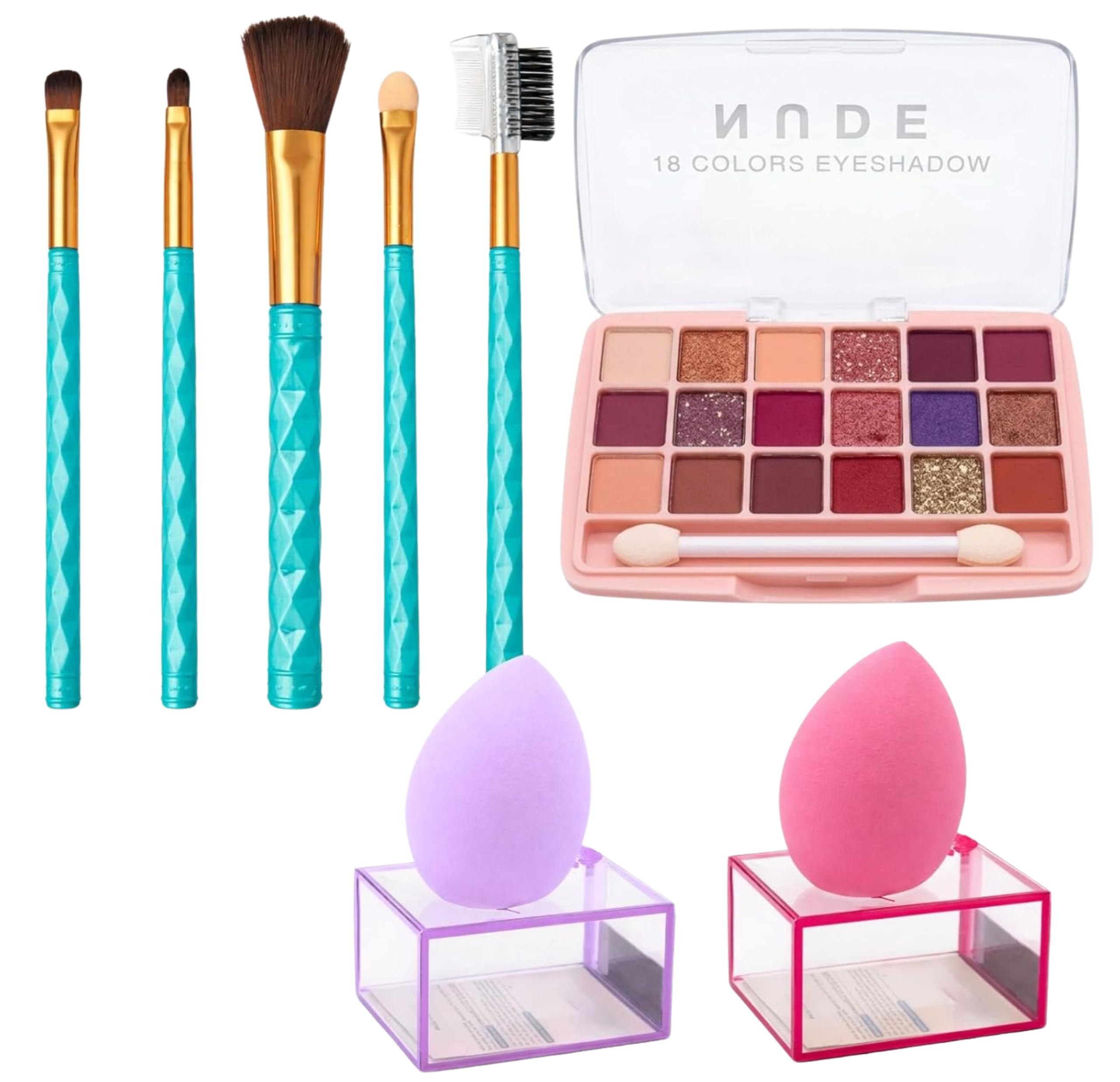 3-Piece Makeup Artistry Set – 18-Color Nude Eyeshadow Palette (Mattes & Shimmers), 5-Piece Aqua Diamond-Grip Brush Set & 2-Pack Beauty Blenders with Hygienic Travel Cases – Complete Studio Glamour Kit-picture-20