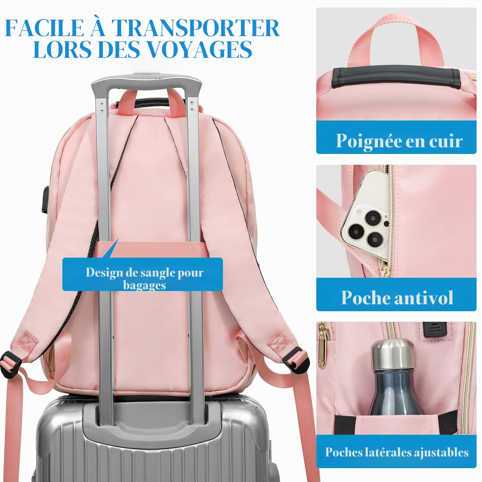 Sac à dos pour femmes, sac à dos pour fille scolaire de 15,6 pouces avec port de charge USB, sac à dos pour ordinateur portable sac de jour à la mode imperméable à l'eau pour l'école, noir