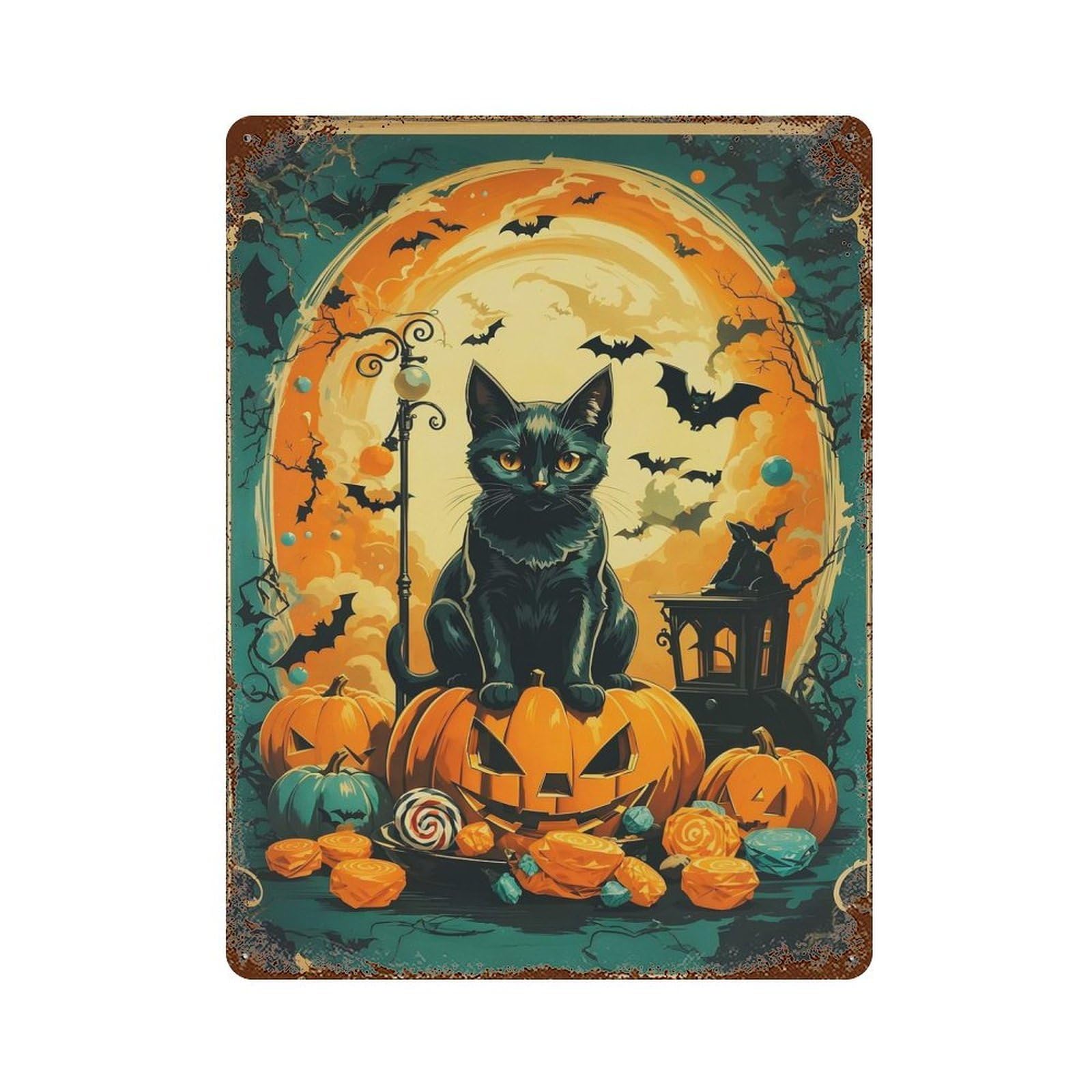 Garage Style Pumpkin Cat Rust Effect Tin Sign 15.7"x11.8", Vintage Wall Decor for Bar And Workshop