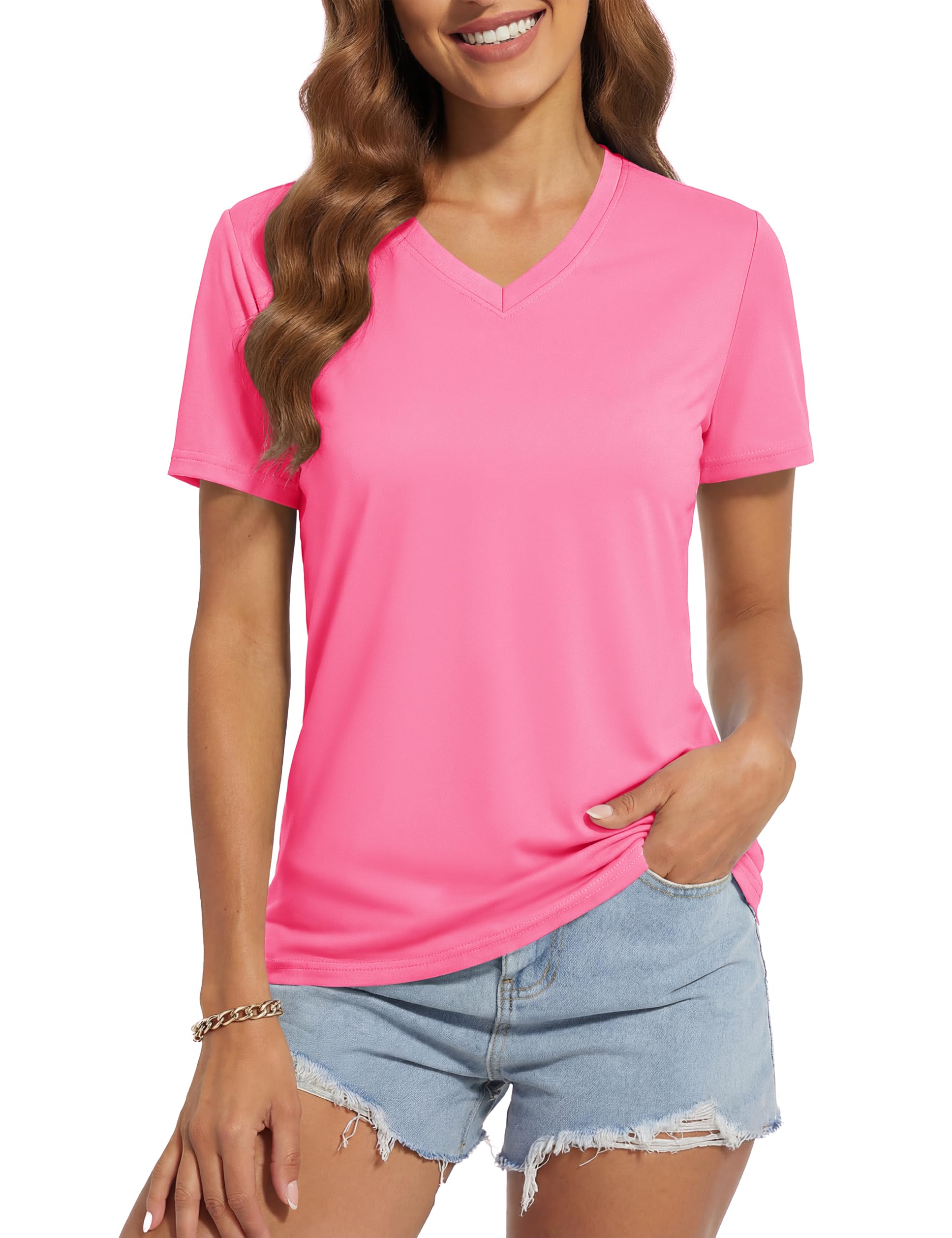 MAGCOMSEN Women's Short Sleeve Workout Shirts Summer V Neck UPF 50+ Sun Protection T-Shirt Athletic Running Sports Tops